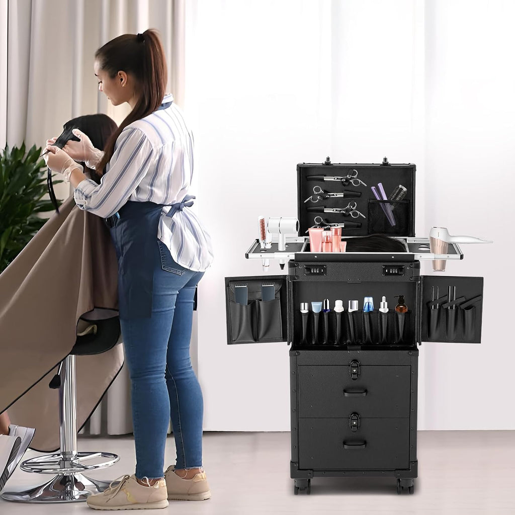 Makeup Rolling Case Professional Makeup Case with 360° Swivel Wheels Cosmetic Rollings Case Rolling Nail Cases for Make Up Nail Hairstylists (Black)