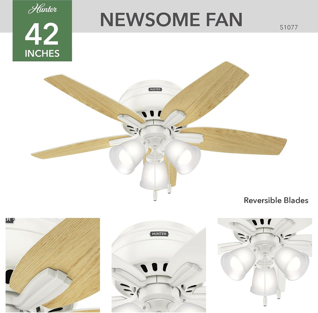 Hunter 42 inch Indoor Ceiling Fan with LED Lights - White Ceiling Fan with Pull Chain, For Bedroom or Living Room, Low Profile Flush Mount, No Remote, 5 Blades - Newsome 51077, Fresh White