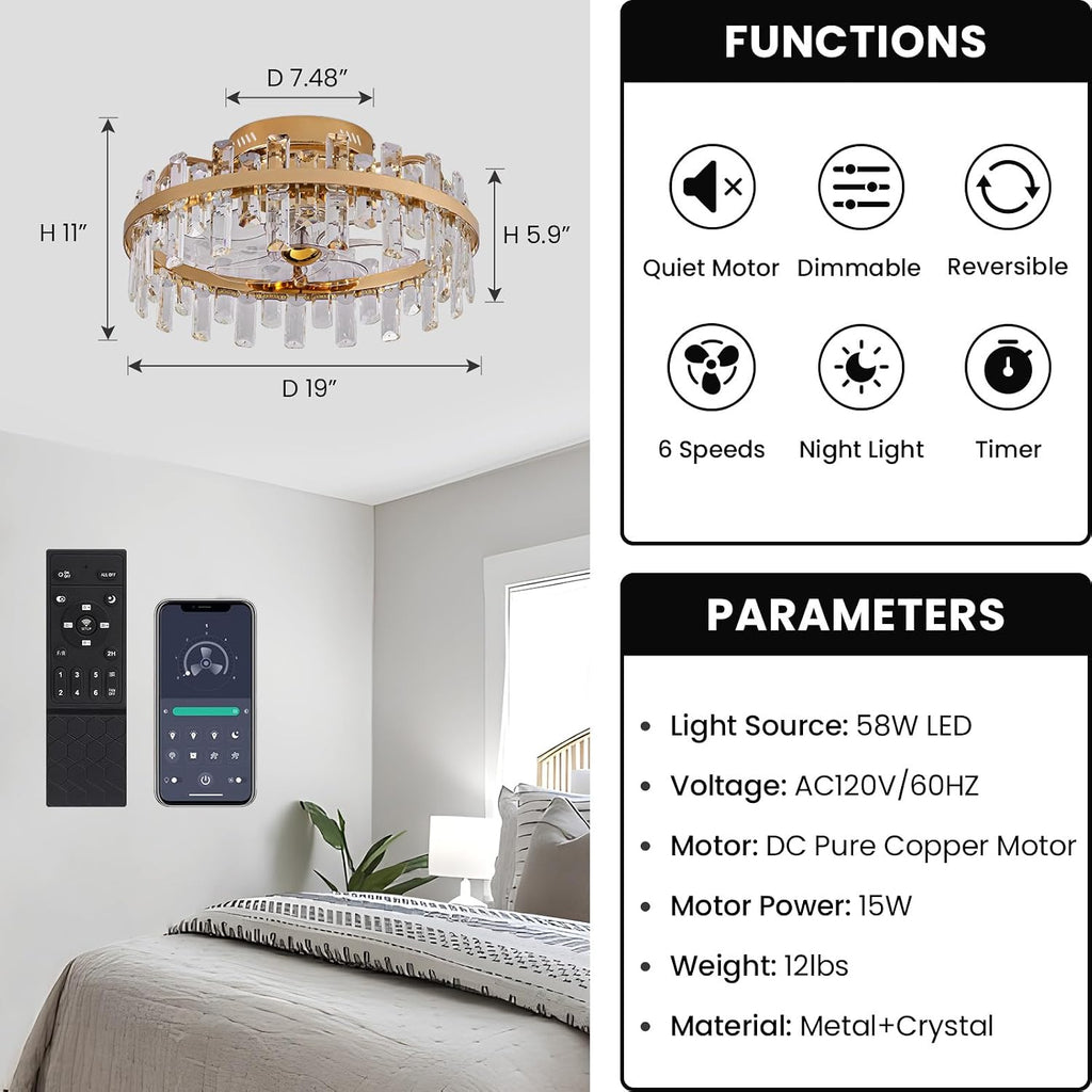 20' Crystal Ceiling Fans with Lights Remote Control Dimmable 6 Speeds Reverible Timer Gold Fandelier for Bedroom Dining Room Living Room