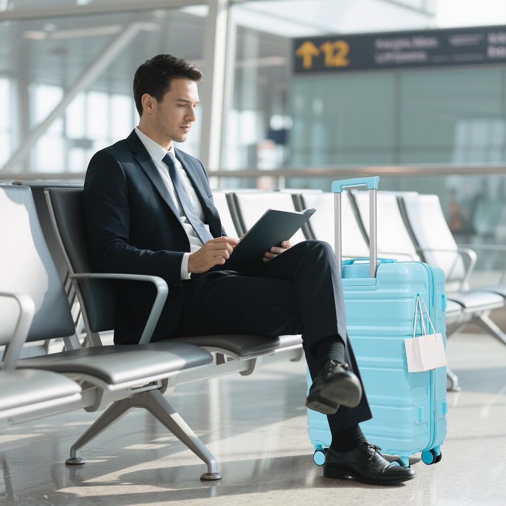 GDFStudio 20/24/28 Inch 3 Piece Luggage Set, ABS Hard Shell Spinner Suitcase with 360° Silent Wheels, Expandable Capacity,Combination Lock, Retractable Handle, Carry On & Checked Suitcases,Blue