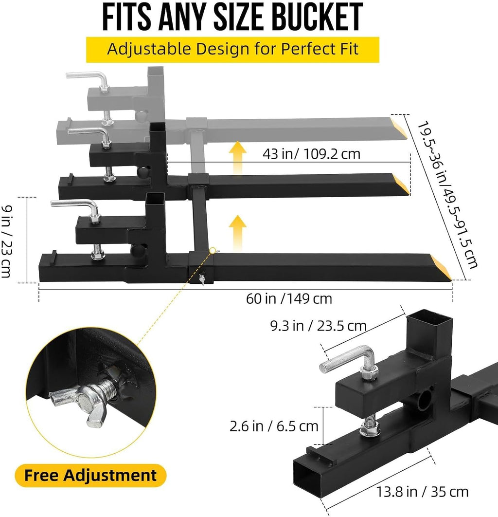 60 Inch Pallet Forks for Tractor Loader & Skid Steer – 2000 lb Capacity, Adjustable Stabilizer Bar, Quick Attach, Black & Orange – Includes Work Gloves