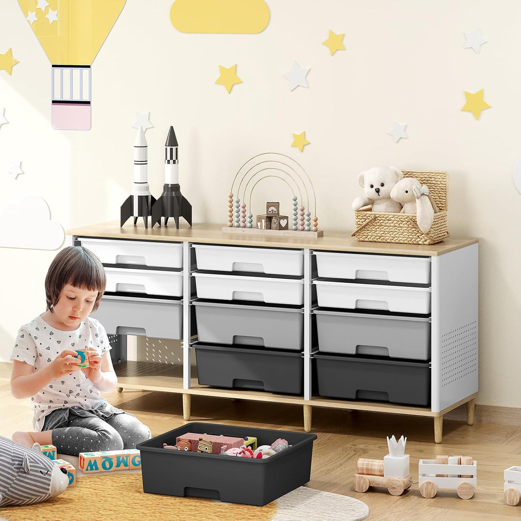 12 Drawers Storage Cabinet with Wooden Top and Plastic Bins, Toy Storage Organizer Toy Shelf Storage Chest Cubby Organizer for Home, Office, Playroom, Classroom & Craft Room Storage (Gradient Grey)