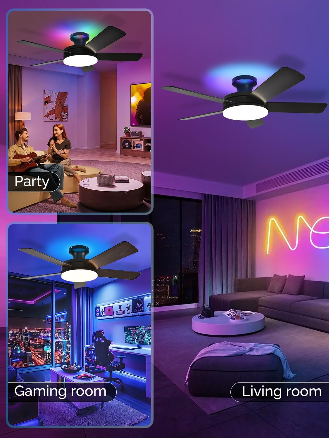 Orison Ceiling Fans with Lights, 45 Inch Low Profile Ceiling Fan with Light and Remote/APP Control, RGB Backlight & LED 3CCT Dimmable, DC Reversible Motor, 6 Speeds, 5 Reversible Blades
