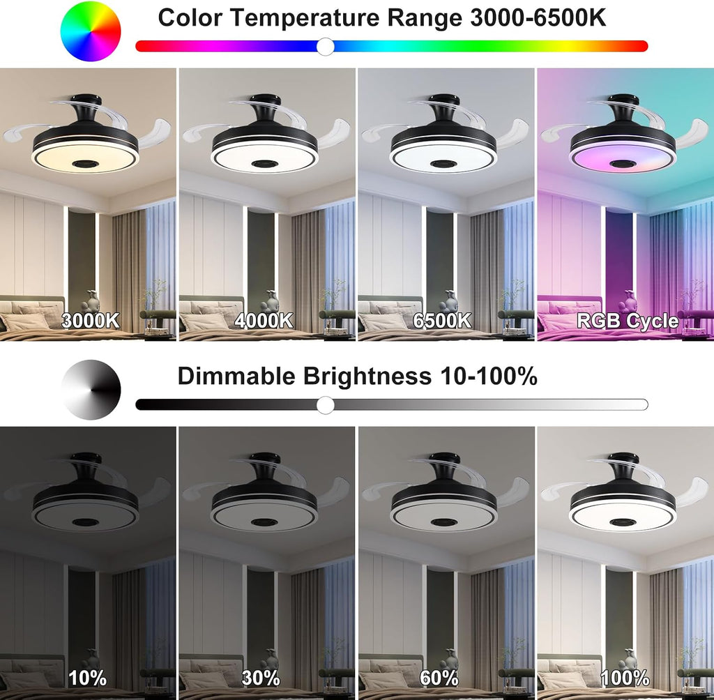 42'' Retractable Ceiling Fan with Lights, Smart Ceiling Fan Light with Bluetooth Speaker, App Control for Dimming & RGB Color Change Reversible Bedroom Living Room