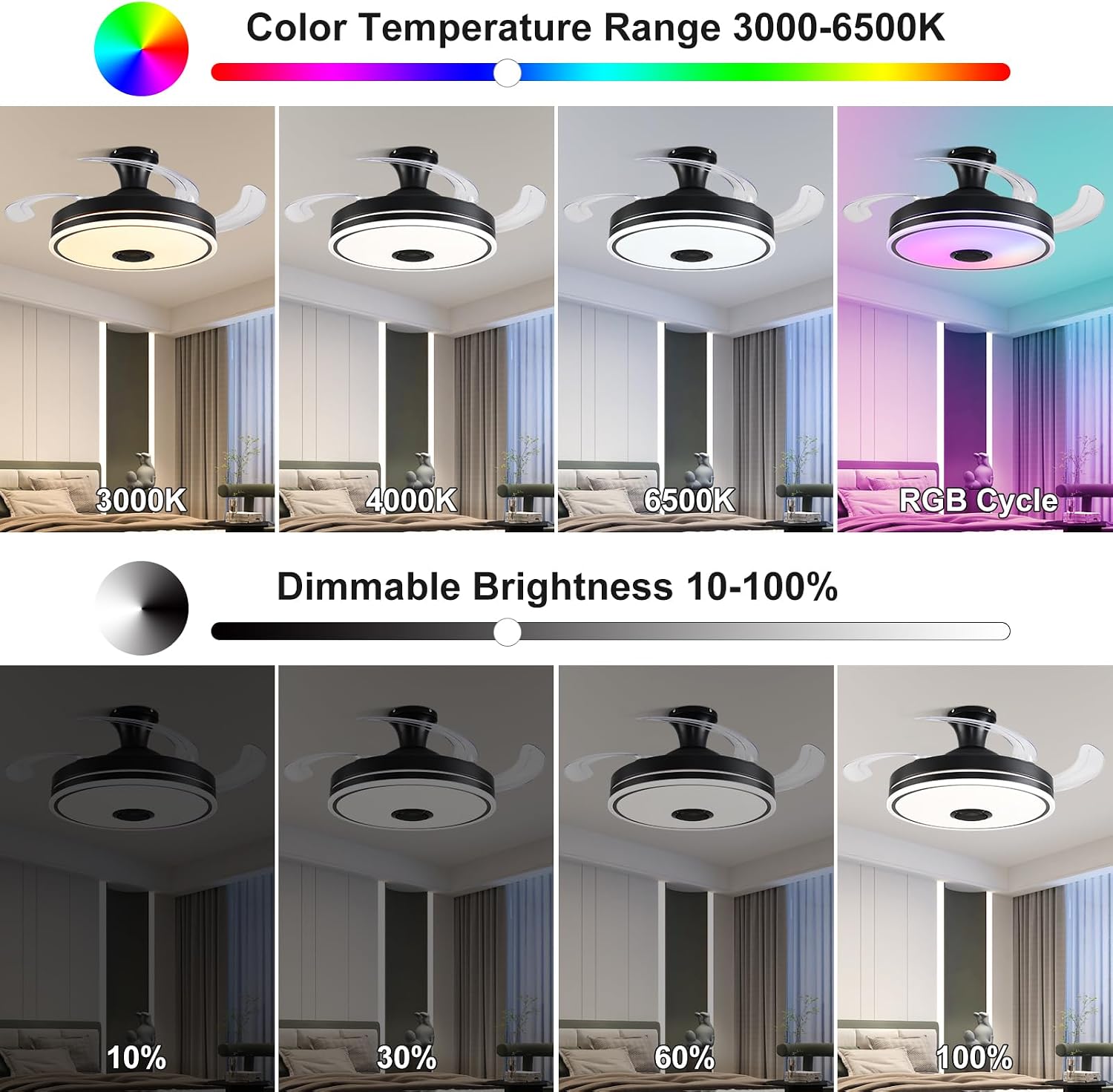 42'' Retractable Ceiling Fan with Lights, Smart Ceiling Fan Light with Bluetooth Speaker, App Control for Dimming & RGB Color Change Reversible Bedroom Living Room