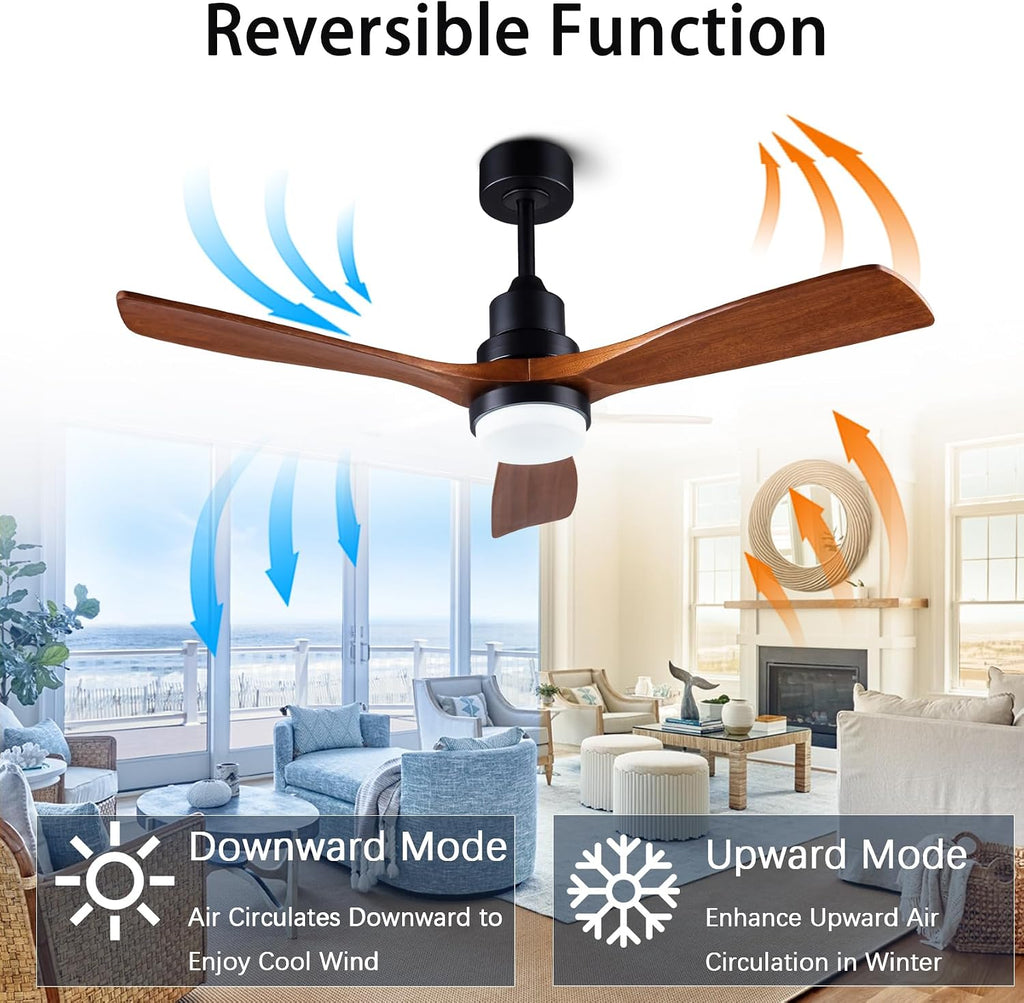 48' Wooden Ceiling Fans with Lighted Remote Control, Indoor Outdoor Wooden Ceiling Fan, Outdoor Modern Ceiling Fan with 3 Fan Blades for Patio, Living Room, Farmhouse, etc (Black + Walnut)