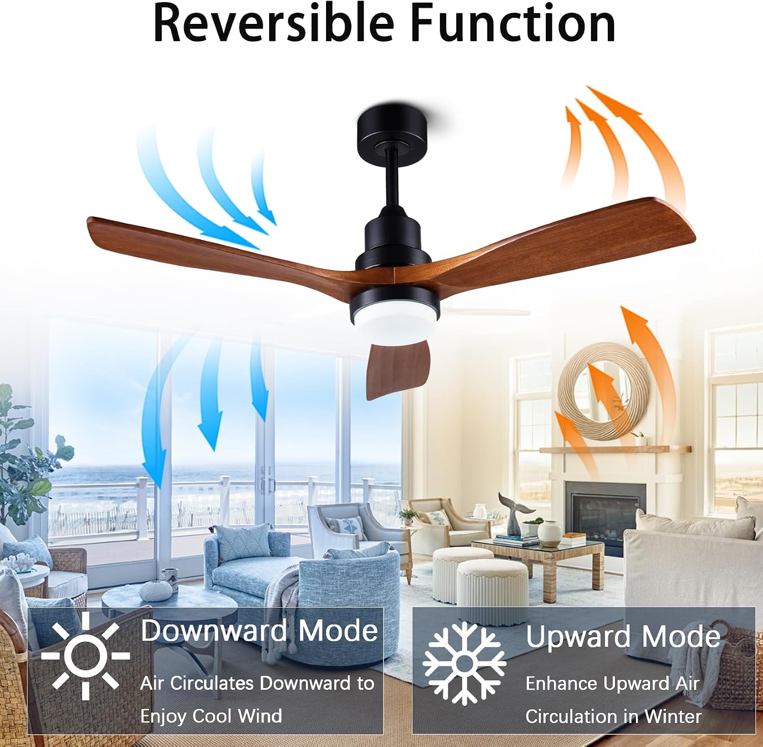 48' Wooden Ceiling Fans with Lighted Remote Control, Indoor Outdoor Wooden Ceiling Fan, Outdoor Modern Ceiling Fan with 3 Fan Blades for Patio, Living Room, Farmhouse, etc (Black + Walnut)