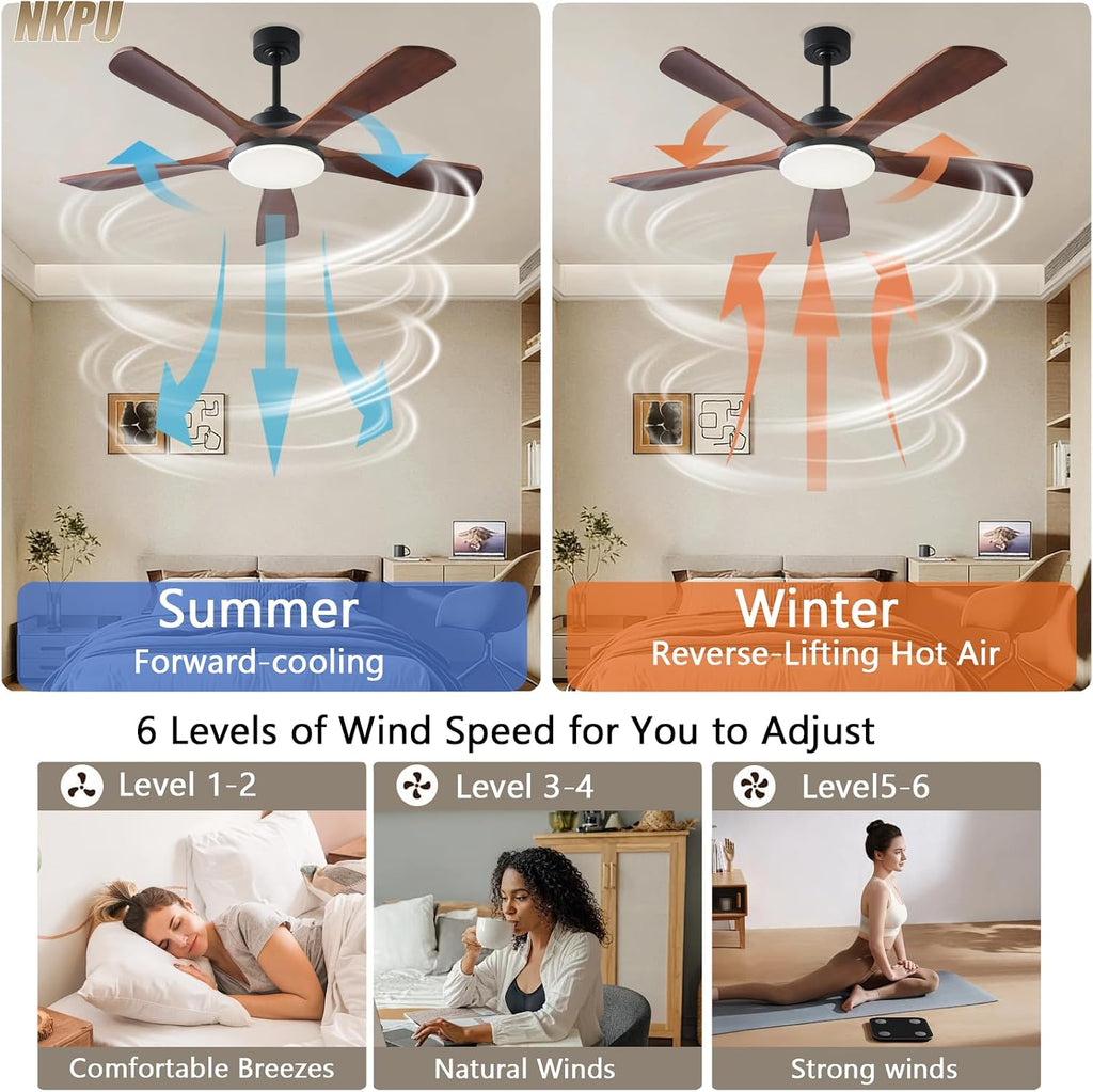 NKPU Ceiling Fans with Lights and Remote Control, 5 Solid Wood Blades, 3CCT Dimmable, Quiet DC Motor, 56 Inch Modern Outdoor Ceiling Fans for Bedroom Farmhouse Patios