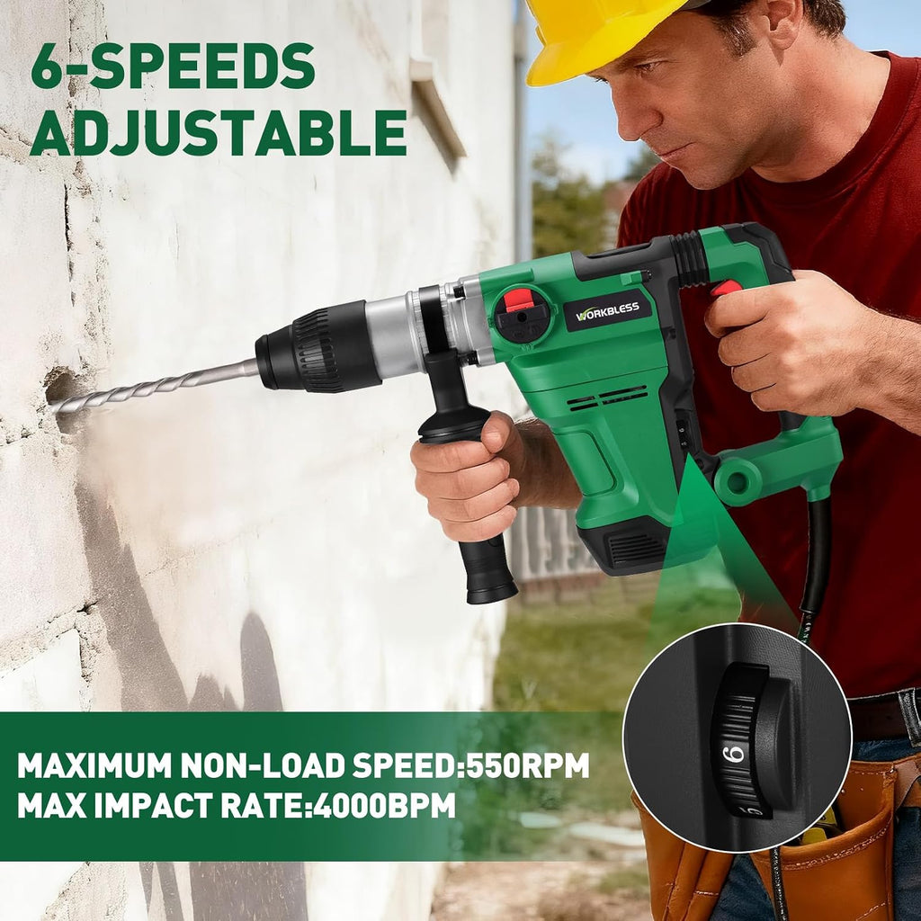 SDS Max Rotary Hammer Drill, 1-1/2 Inch 13 Amp Heavy and Duty Corded Concrete Demolition Hammer with 3 Functions, 6 Variable Speed, Safety Clutch, Vibration Control, 2 Chisels