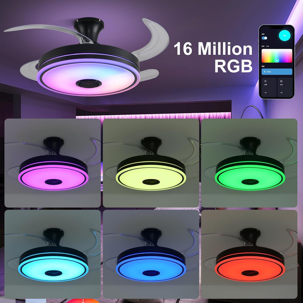 42'' Retractable Ceiling Fan with Lights, Smart Ceiling Fan Light with Bluetooth Speaker, App Control for Dimming & RGB Color Change Reversible Bedroom Living Room