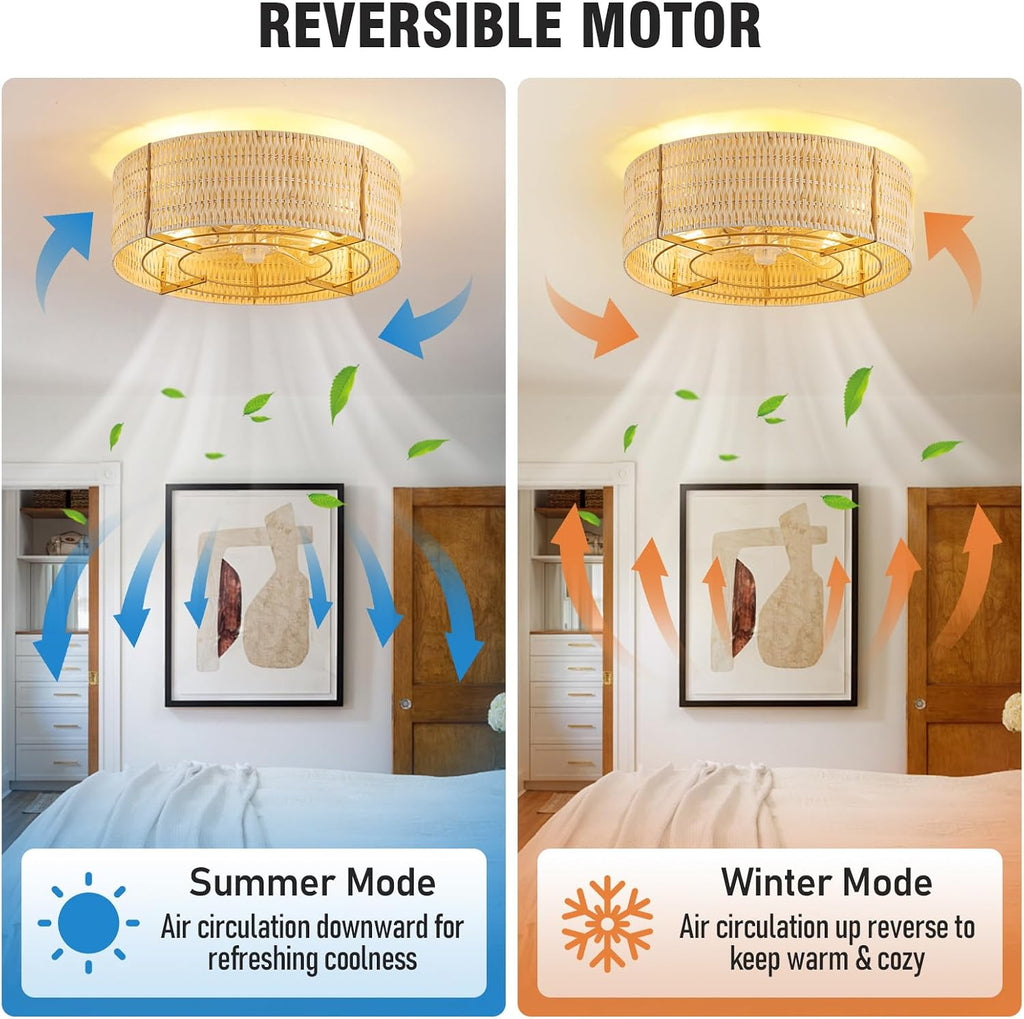Caged Ceiling Fans with Light,Rattan Flush Mount Ceiling Fan with Light and Remote Control, Boho Fandelier Ceiling Fan 6 Speeds for Bedroom, Living Room, Kitchen, Nursery, Porch