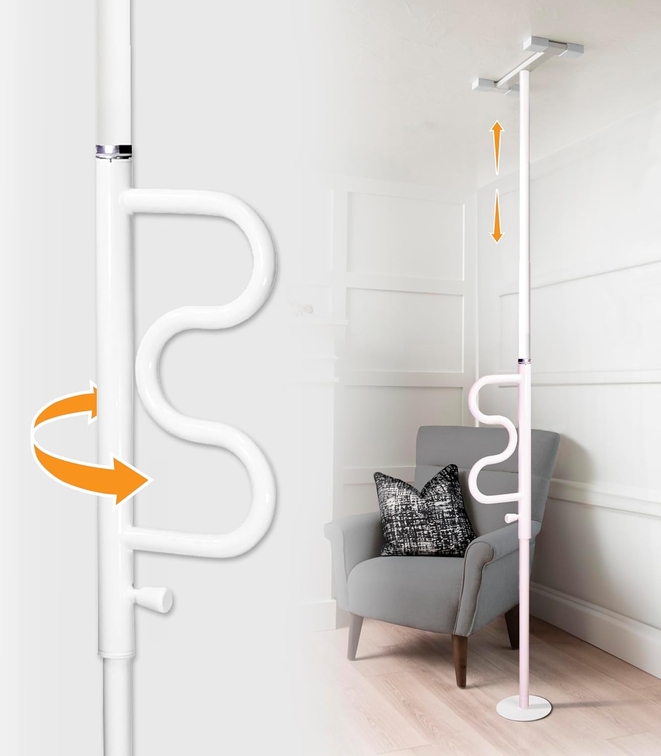 Stander Wonder Pole HD, Heavy Duty Security Pole and Curve Grab Bar, Tension Mounted Floor to Ceiling Transfer Pole for Seniors & Elderly Adults, Bariatric Bath Safety Assist Rail, Supports 400 lbs