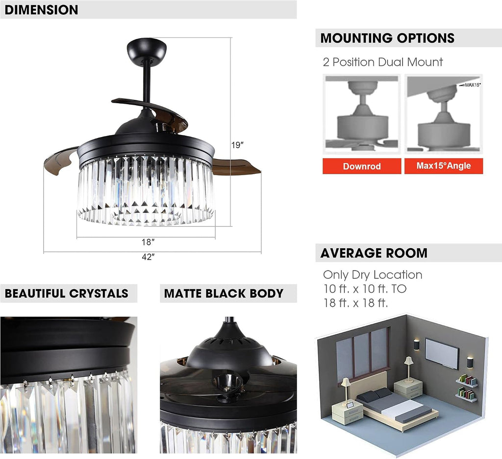 Parrot Uncle Ceiling Fans with Lights and Remote Black Chandelier Ceiling Fan with Light for Bedroom, Retractable Blades, 42 Inch