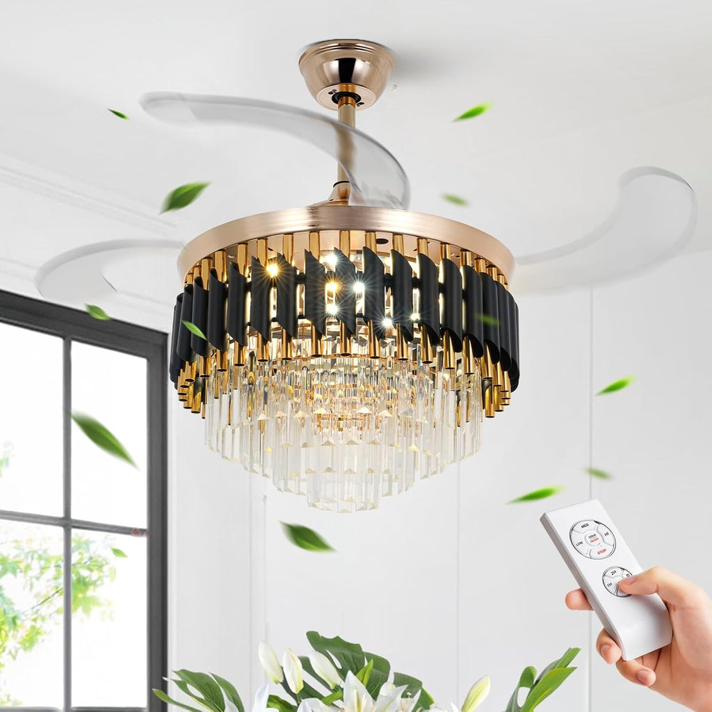 42' Crystal Chandelier Ceiling Fan and Remote, Gold Luxury Chandelier and Fan With 3 Colors 3 Speeds, Retractable Fandelier Ceiling Fan LED Light For Dinning Room Bedroom