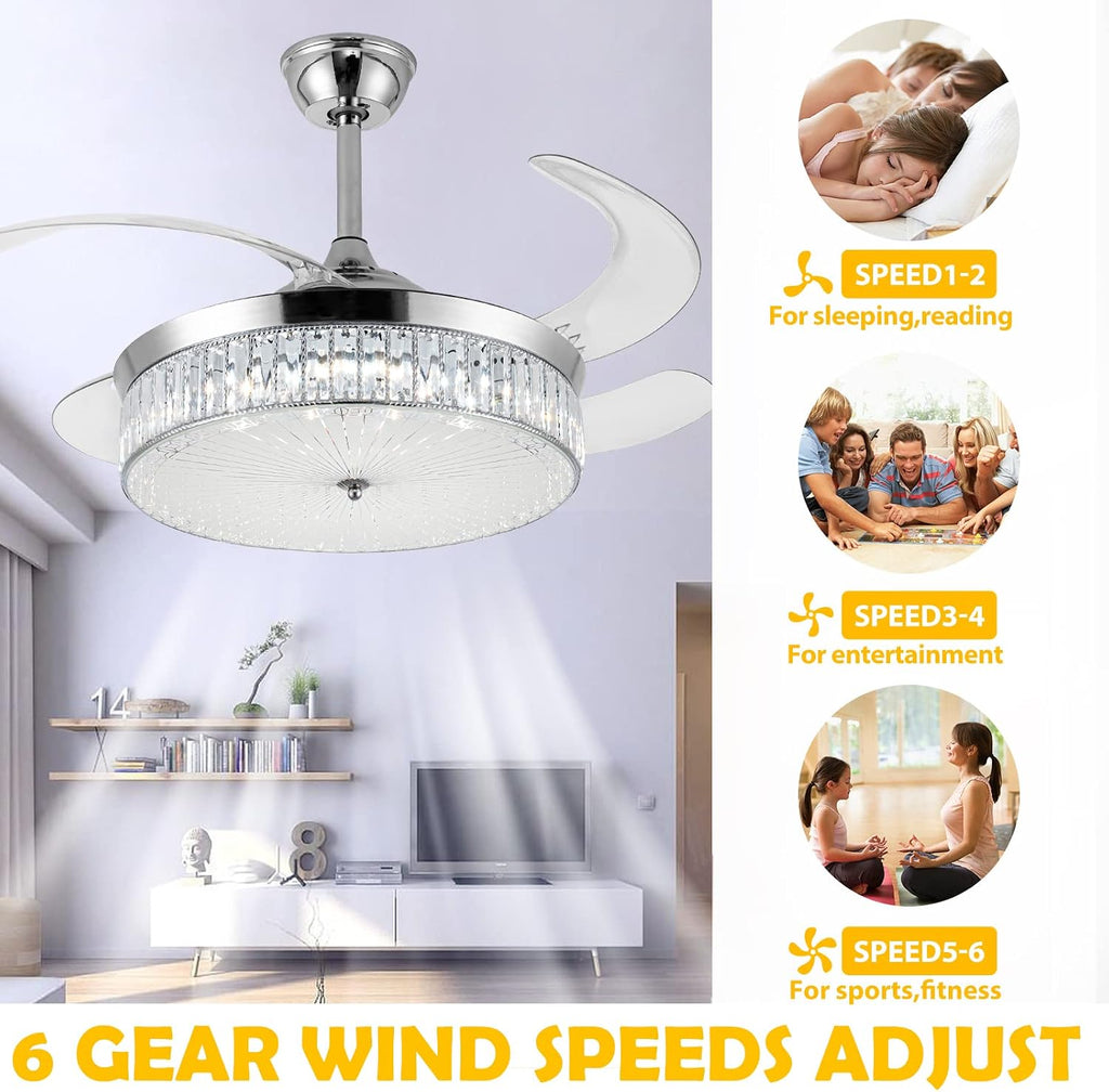 Bavnnro Crystal Ceiling Fans with Lights,42 Inch LED 3 Color Remote Control Retractable Invisible Blades 3 Speeds Indoor Ceiling Light Kits with Fans for Decorate Living Room Bedroom