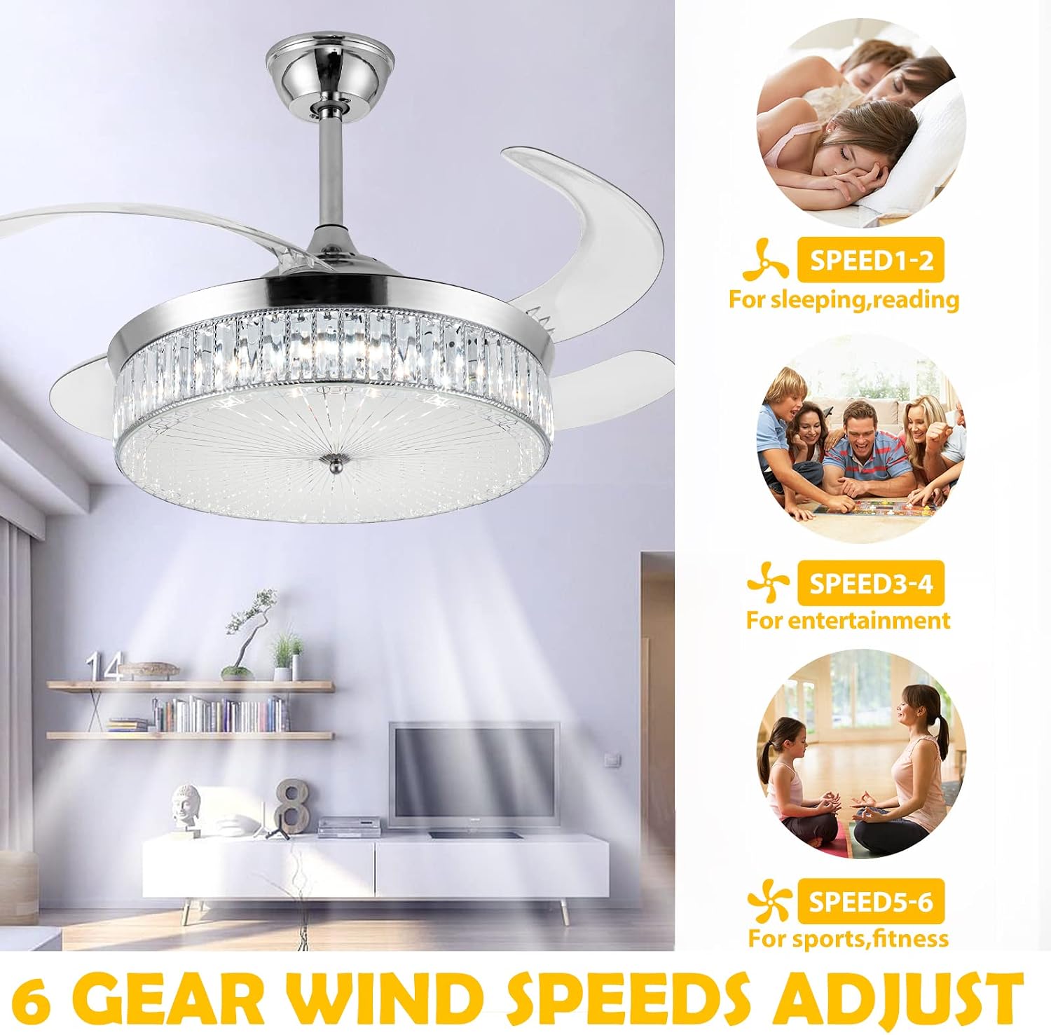 Bavnnro Crystal Ceiling Fans with Lights,42 Inch LED 3 Color Remote Control Retractable Invisible Blades 3 Speeds Indoor Ceiling Light Kits with Fans for Decorate Living Room Bedroom