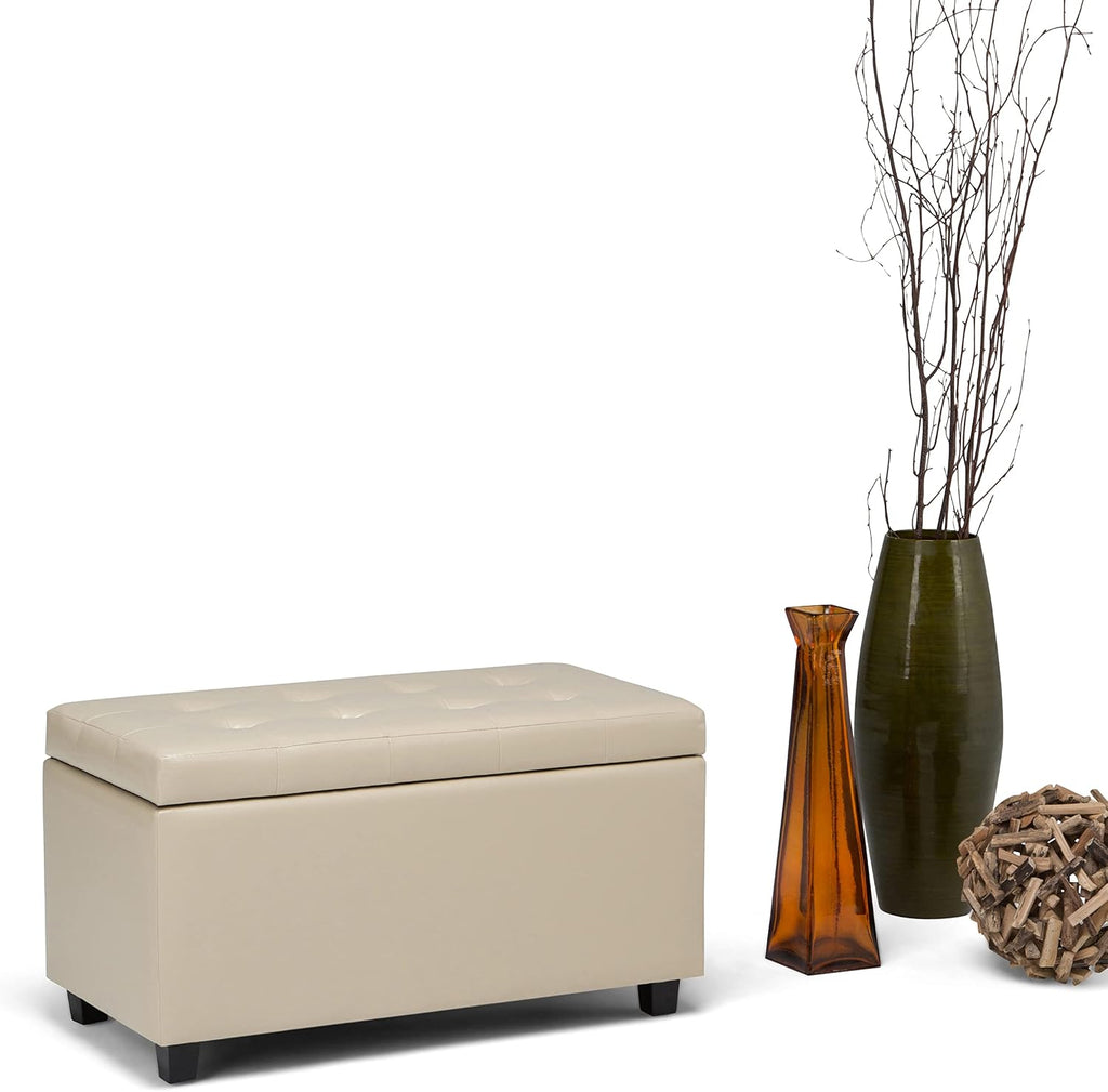SIMPLIHOME Cosmopolitan Storage Ottoman - 34 inch Wide Upholstered Vegan Leather Rectangle Storage Ottoman Bench in Satin Cream, Transitional Tufted Ottoman for Living Room with Lift-Up Lid