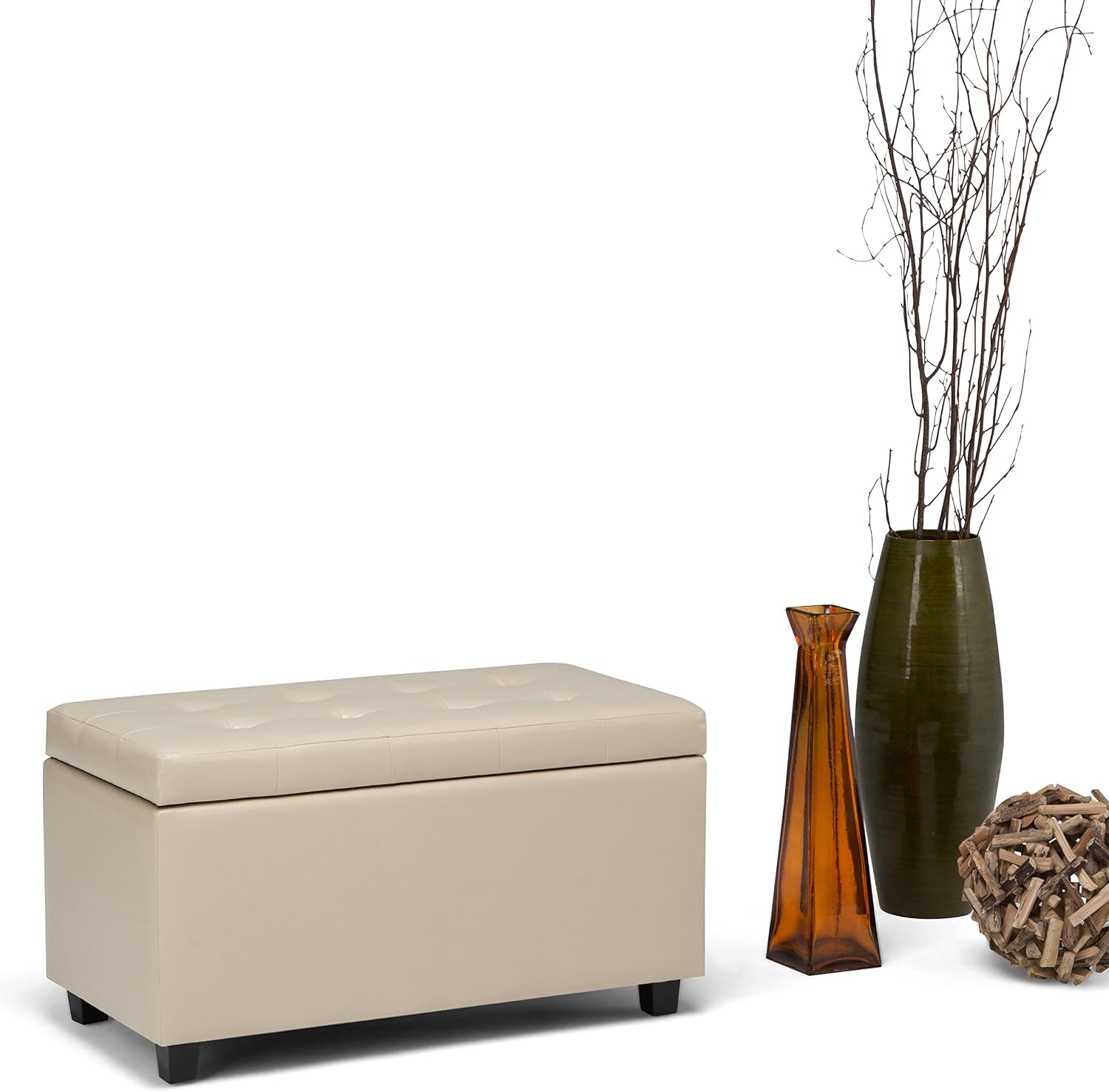 SIMPLIHOME Cosmopolitan Storage Ottoman - 34 inch Wide Upholstered Vegan Leather Rectangle Storage Ottoman Bench in Satin Cream, Transitional Tufted Ottoman for Living Room with Lift-Up Lid