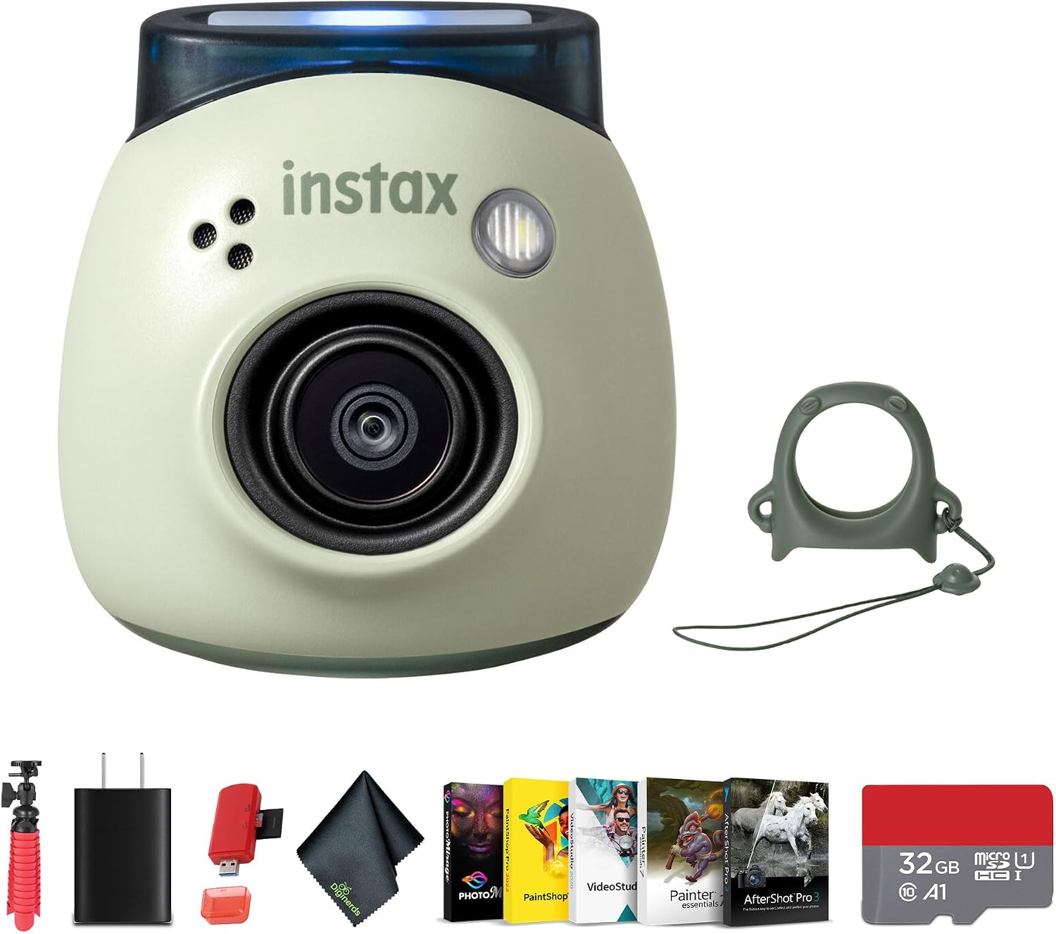 FUJIFILM INSTAX PAL Digital Camera (Pistachio Green) Bundle with 12 inch Flexible Tripod + Memory Card Wallet + USB Card Reader + Microfiber Cleaning Cloth + 32GB Memory Card