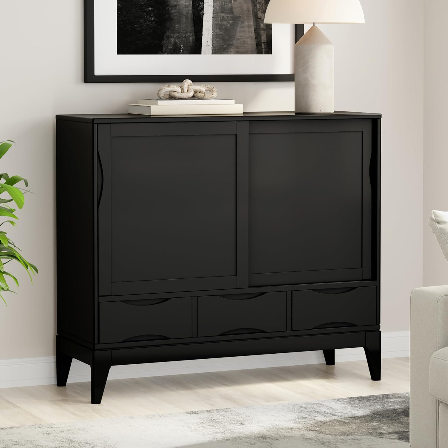SIMPLIHOME Harper Medium Storage Cabinet - 48 inch Wide Solid Hardwood Sliding Door Cabinet in Black, Mid-Century Modern Cupboard for Living Room or Entryway with 3 Drawers and Tapered Legs