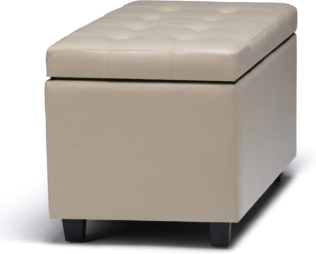 SIMPLIHOME Cosmopolitan Storage Ottoman - 34 inch Wide Upholstered Vegan Leather Rectangle Storage Ottoman Bench in Satin Cream, Transitional Tufted Ottoman for Living Room with Lift-Up Lid