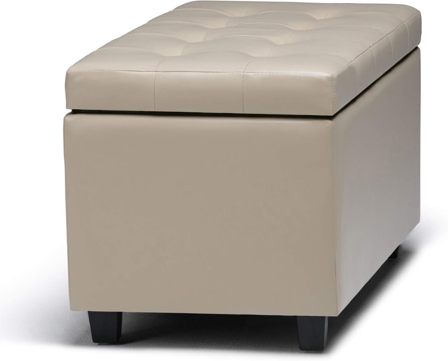 SIMPLIHOME Cosmopolitan Storage Ottoman - 34 inch Wide Upholstered Vegan Leather Rectangle Storage Ottoman Bench in Satin Cream, Transitional Tufted Ottoman for Living Room with Lift-Up Lid