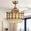 Siljoy 48 Inch Crystal Ceiling Fan with Light, Retractable Ceiling Fan with Lights Chandelier Fan, 6 Speeds, Dimmable Rose Gold Crystal Fandelier for Bedroom, Living Room, Dining Room