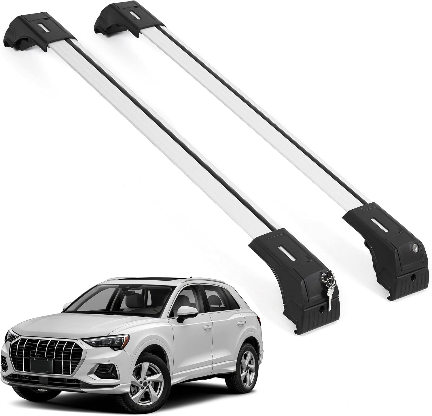 ERKUL Roof Rack Cross Bars for Audi Q3 2019-2025 | Aluminum Crossbars with Anti Theft Lock for Rooftop | Compatible with Flush Rails - Silver