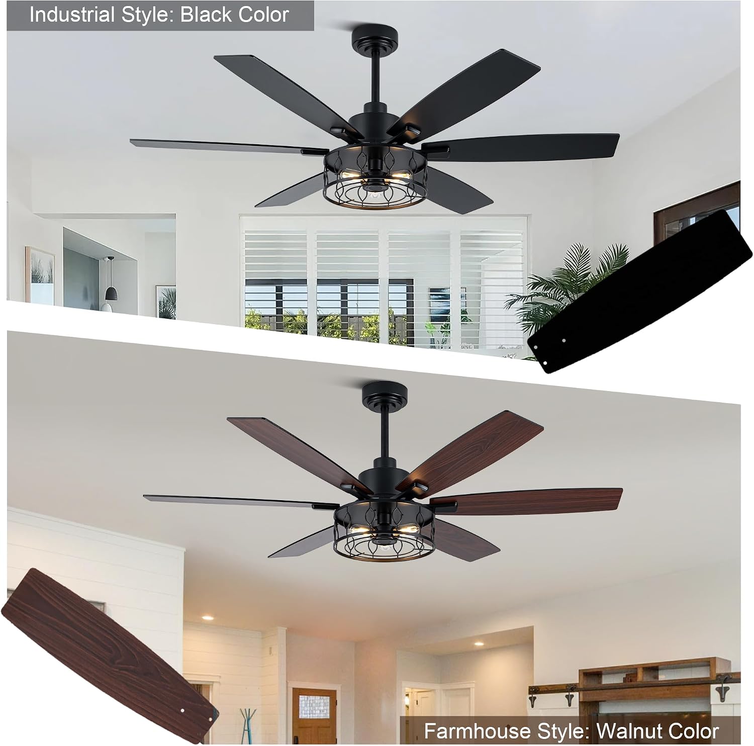 Farmhouse Ceiling Fan with Lights 60 Inch Rustic Ceiling Fan Black Caged Fandelier Large Chandelier Light for Living Room Indoor Outdoor, Reversible DC Motor 6 Speeds, 3 E26 Bulbs