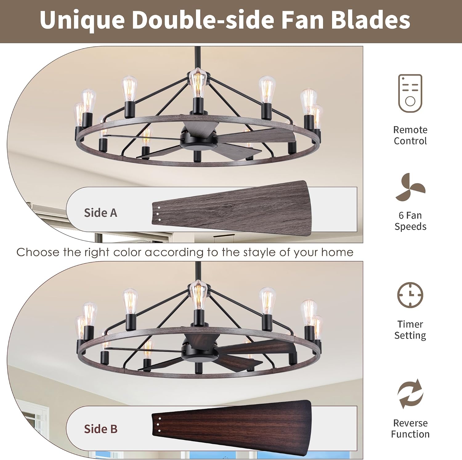 She's home 43' Wood Color Wagon Wheel Chandelier with Fan, 12-Lights Large Round Candle Farmhouse Fandelier Ceiling Fan with Light Fixture for Living Room, Height Adjustable