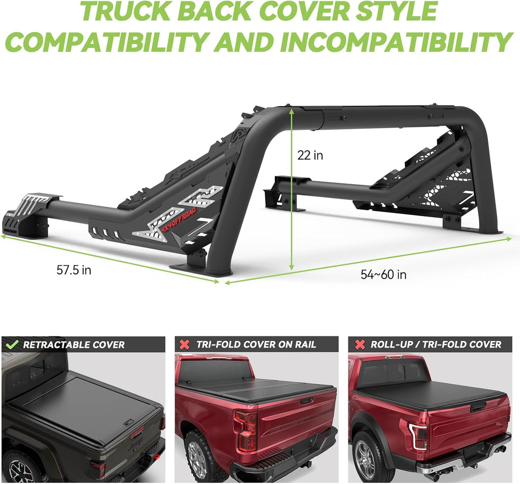 Heavy-Duty Roll Bar Compatible With Retractable Tonneau Covers With Rails | For Mid-Size Trucks Tacoma, Ranger, Colorado, Canyon, Frontier | Three installation methods No Drilling Installation