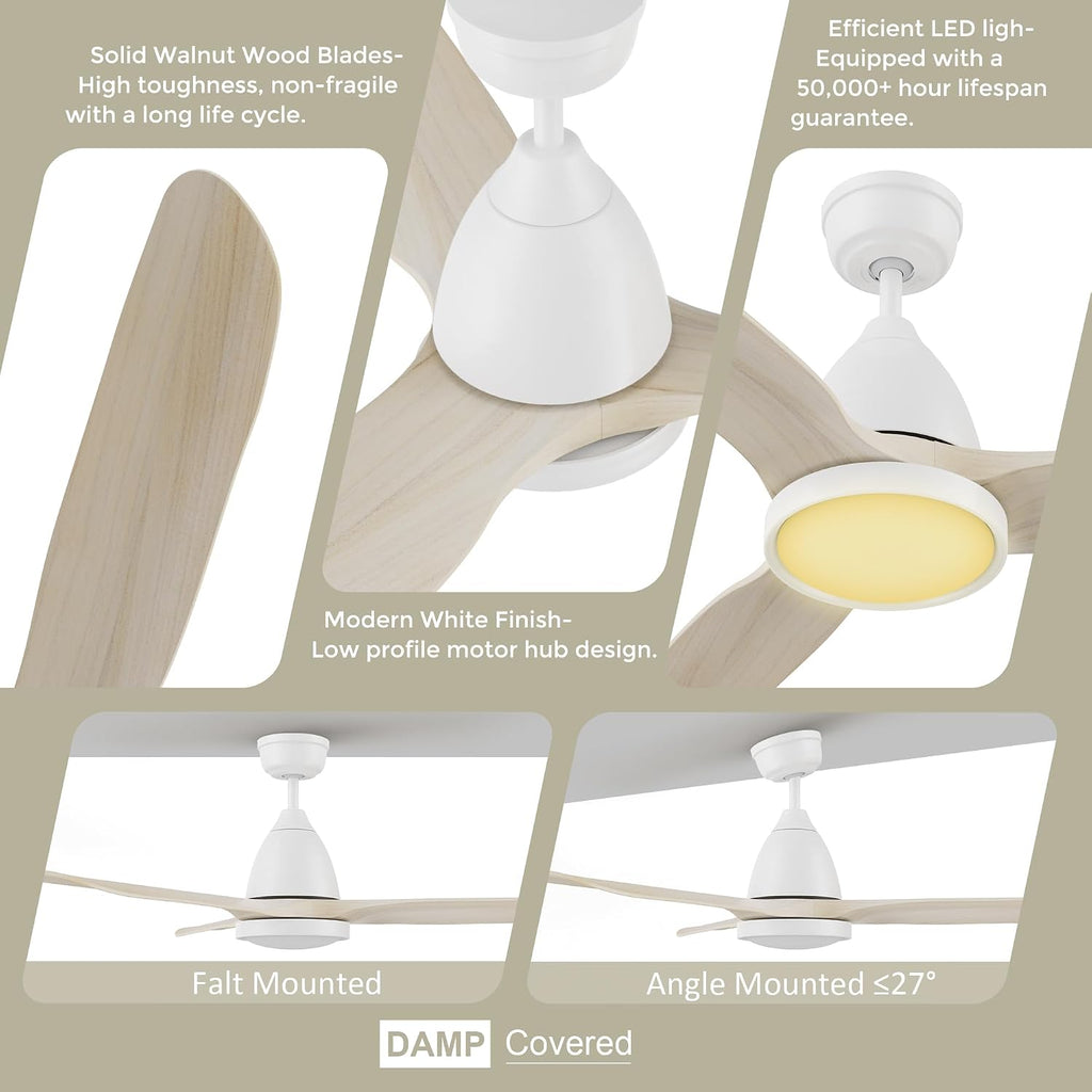 SMAAIR 52 inch Ceiling Fans with Lights and Remote, Solid Wood 6-inch Downrod Mounted, Dimmable LED Light Tri-Color Temperature, DC Reversible Motor, App Control and Voice Control (52inch, White)