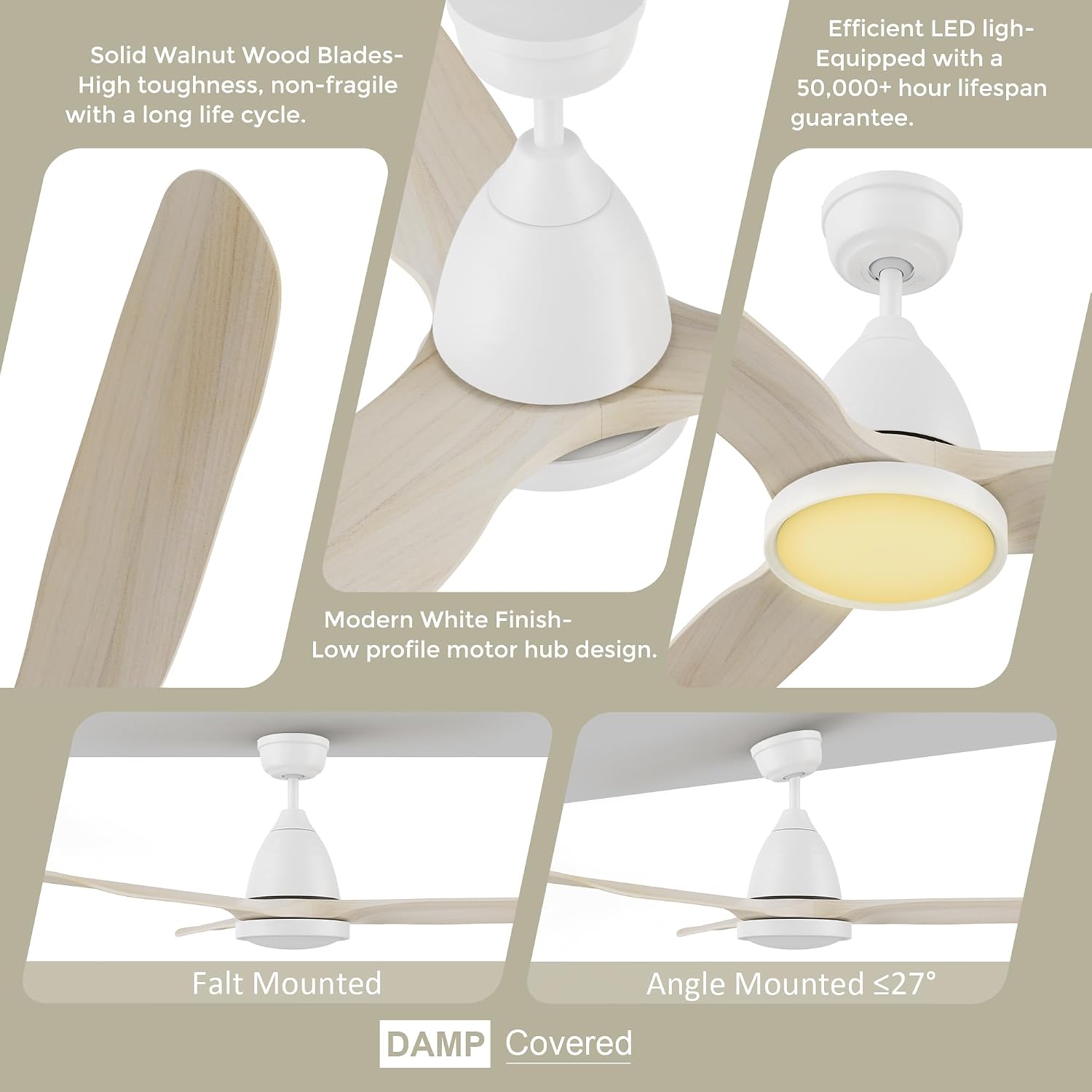 SMAAIR 52 inch Ceiling Fans with Lights and Remote, Solid Wood 6-inch Downrod Mounted, Dimmable LED Light Tri-Color Temperature, DC Reversible Motor, App Control and Voice Control (52inch, White)