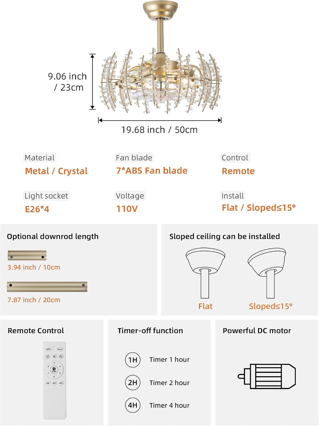 20' Gold Crystal Flower Fandelier Ceiling Fan with Light, Gold Crystal Chandelier Ceiling Fans Remote Control with 6 Speeds for Bedroom, Living Room, Nursery