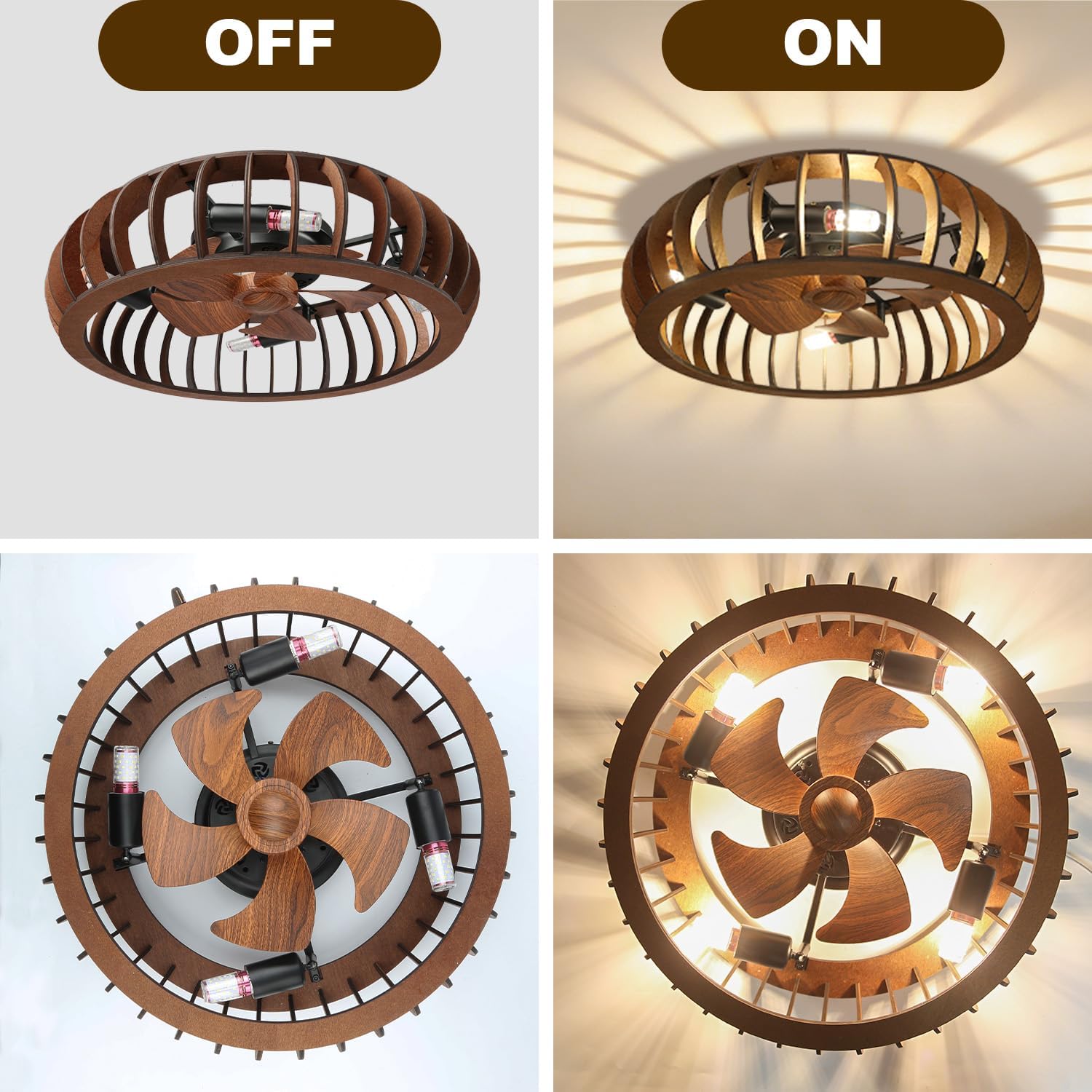 Wooden Ceiling Fans with Lights Flush Mount, 20 Inch Caged Low Profile Ceiling Fans with 3 Mode Lighting and Remote Control with E26 Bulbs for Bedroom, Nursery, Garage (Brown (Wood))
