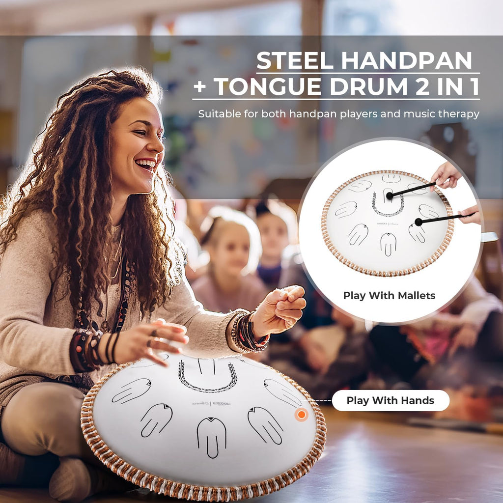 MOOZICA Steel Tongue Drum, 14' Portable Amara Scale Handpan With Octave Overtone Design, For Beginner and Professional (Amara, White)