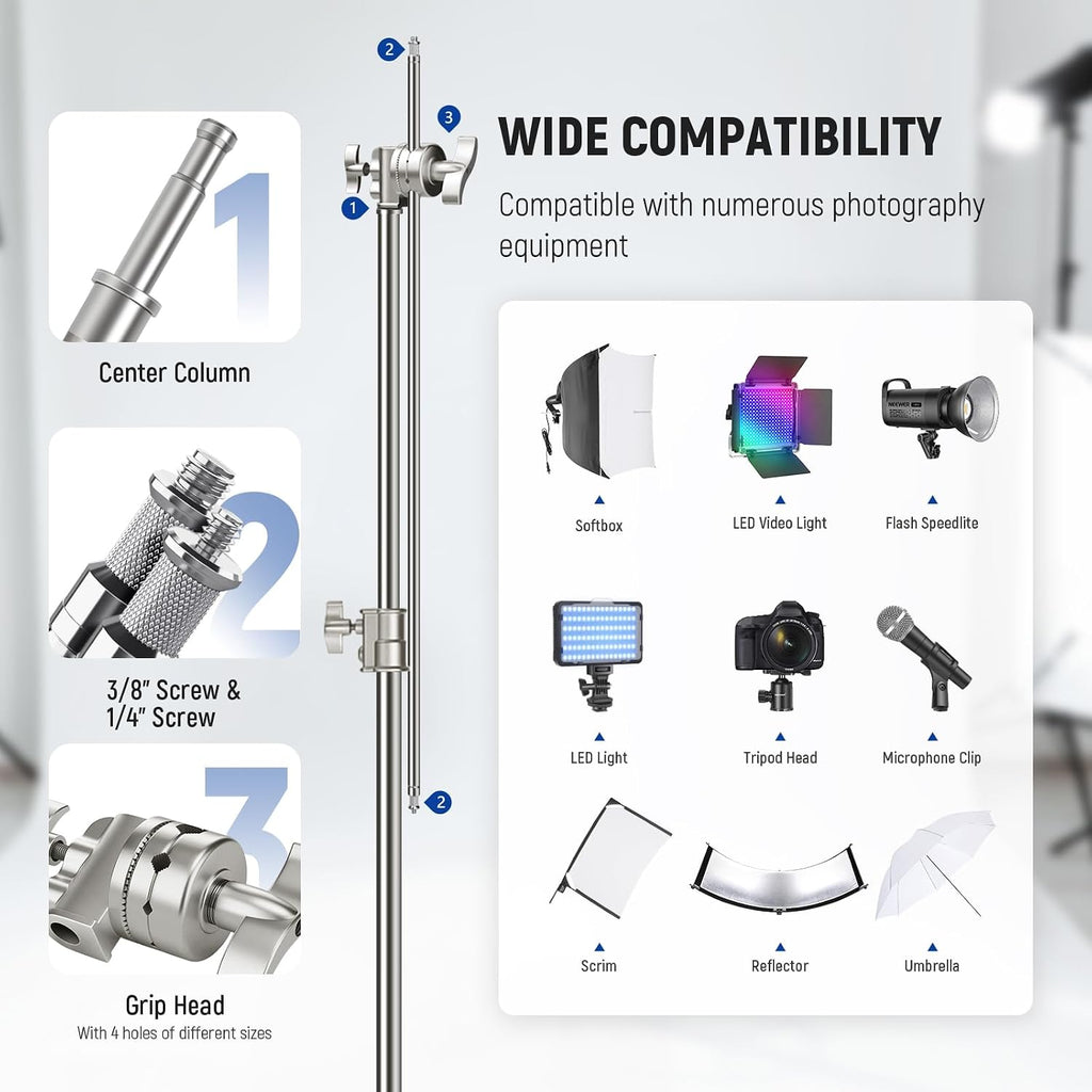 NEEWER Pro 100% Stainless Steel Heavy Duty C Stand with Boom Arm, Max Height 68'/172cm Photography Light Stand with 2.7ft/83cm Holding Arm, 2 Grip Head for Studio Monolight, Softbox, Reflector, SC172