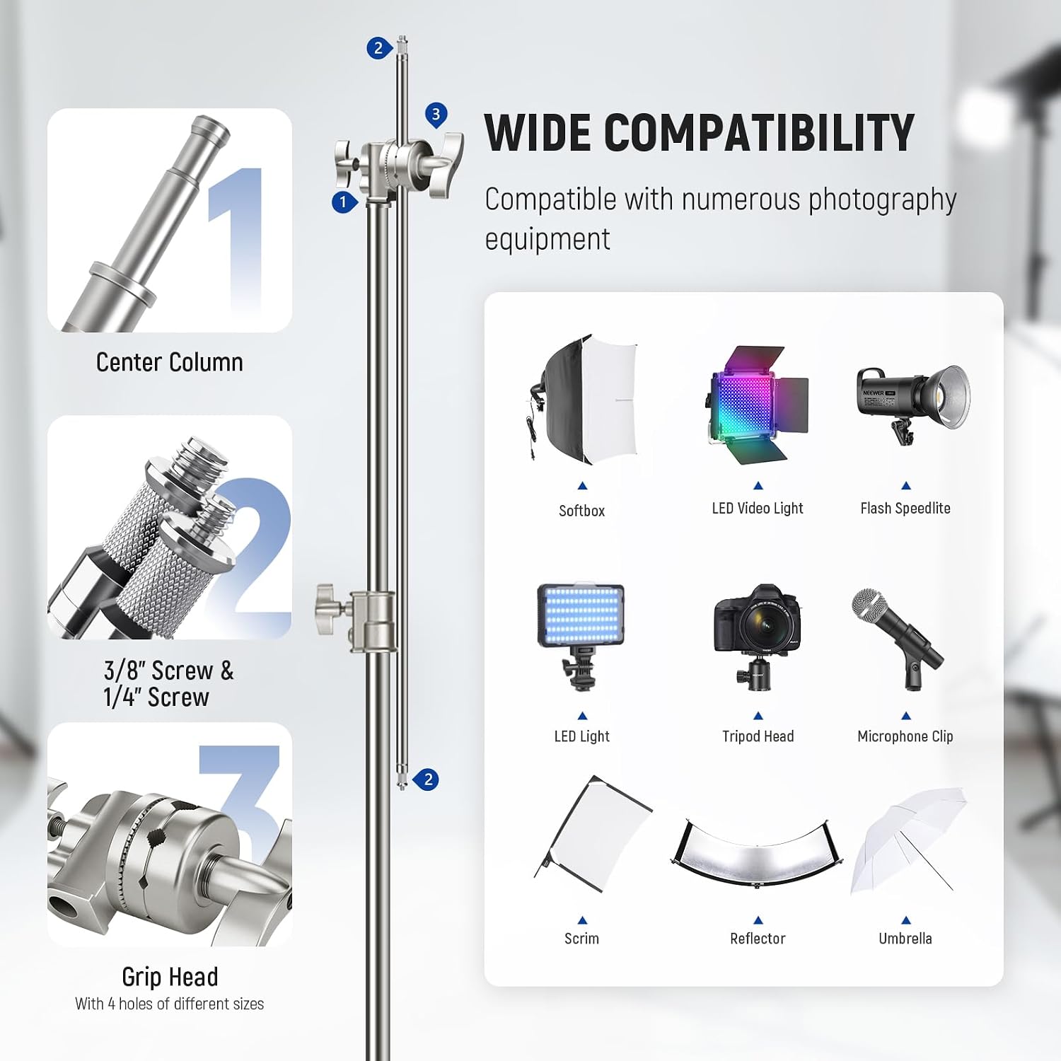 NEEWER Pro 100% Stainless Steel Heavy Duty C Stand with Boom Arm, Max Height 68'/172cm Photography Light Stand with 2.7ft/83cm Holding Arm, 2 Grip Head for Studio Monolight, Softbox, Reflector, SC172