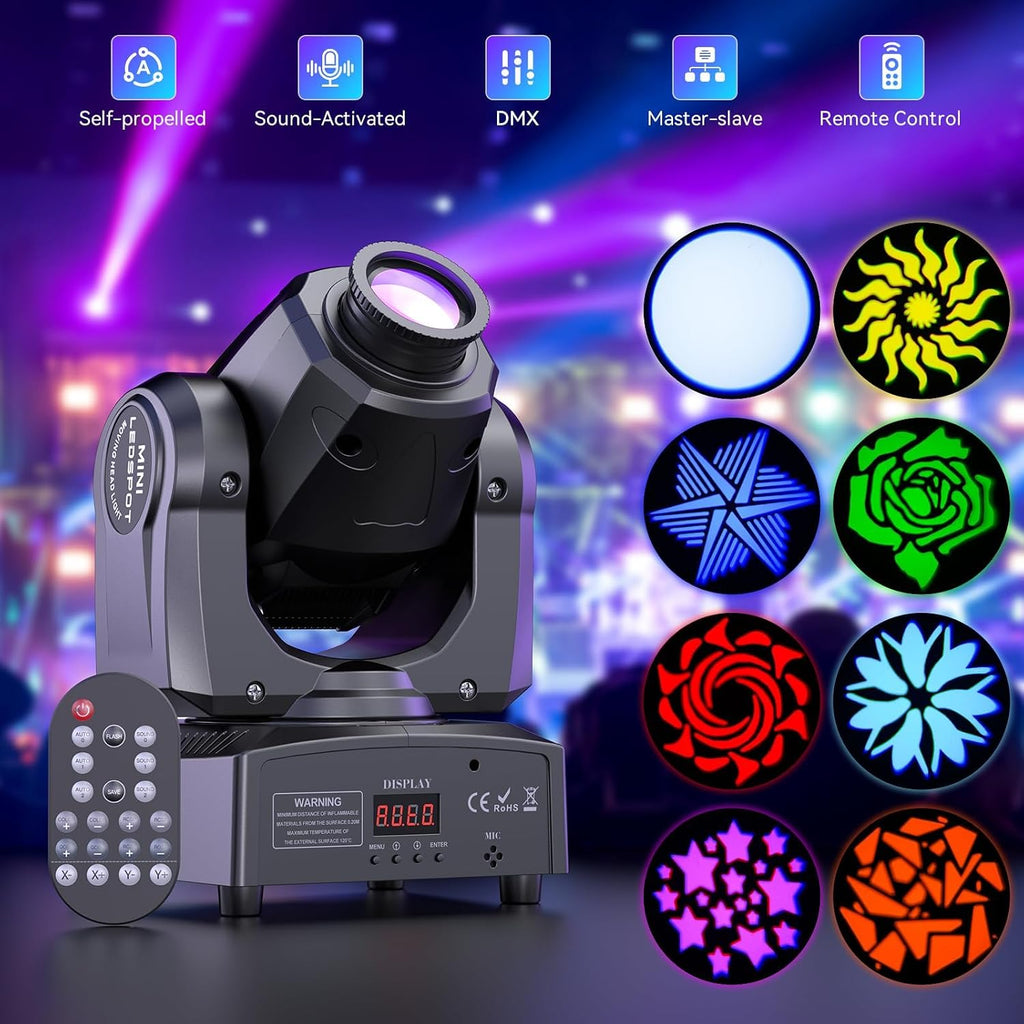 2PCS 60W LED Moving Head Light Stage Lights with Remote Control 8 GOBO 8 Colors Spotlight by DMX Controlled 11 Channel with Sound Activated for Disco Club Party Stage Lighting Shows