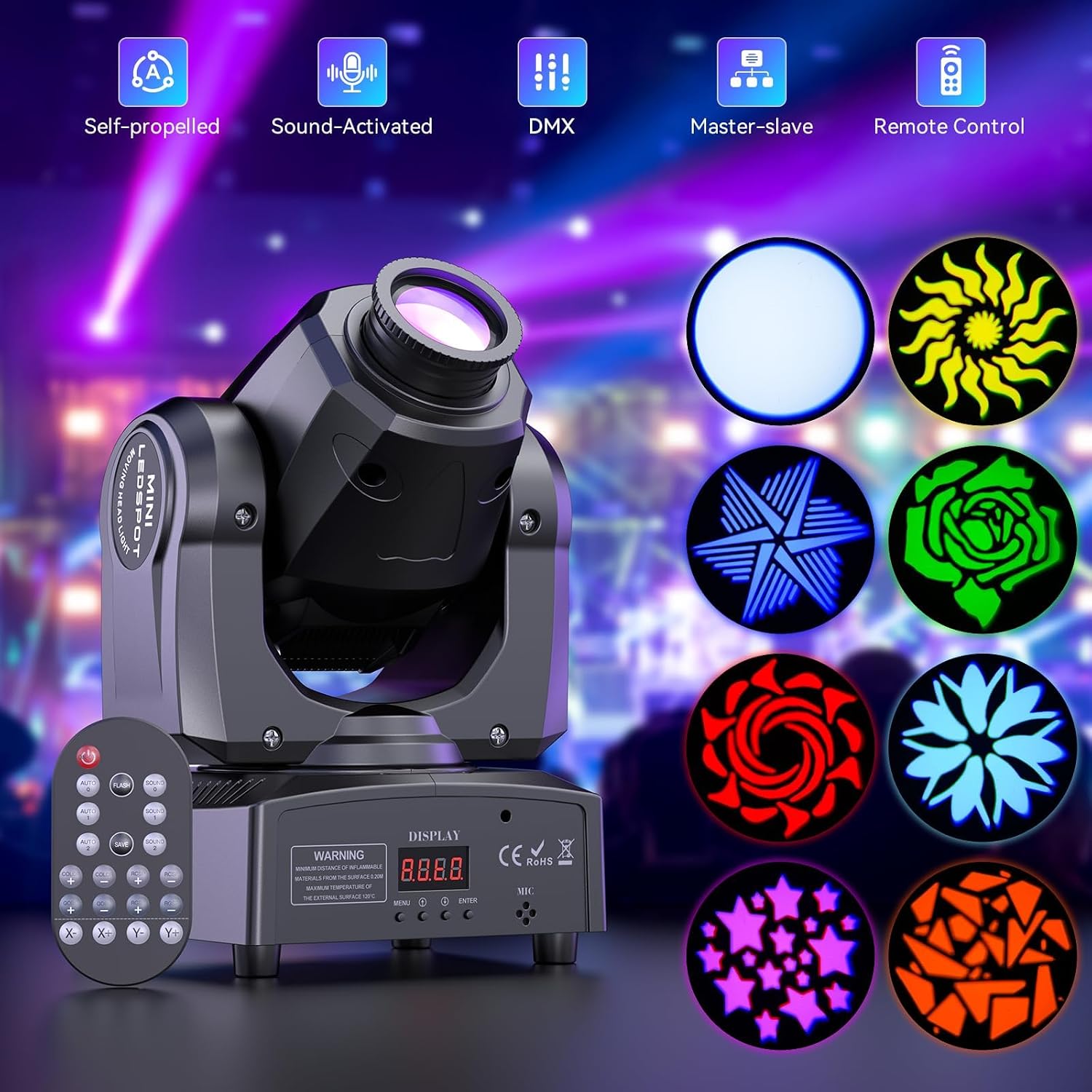 4PCS 60W LED Moving Head Light with Remote 8 GOBO 8 Colors Spotlight by DMX Controlled 11 Channel for Disco Club Party Stage Lighting Shows