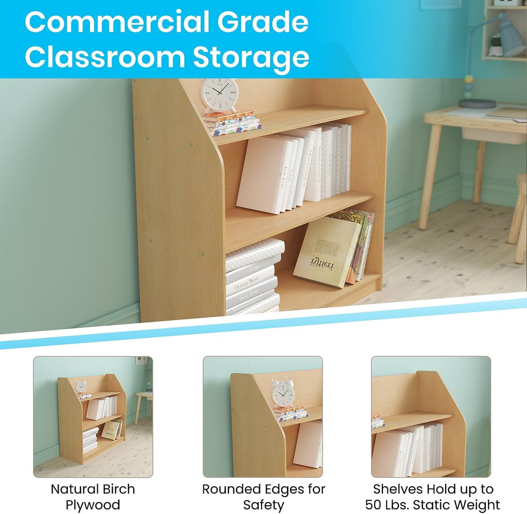 Flash Furniture Hercules 3 Shelf Commercial Book Case with Safe, Kid Friendly Curved Edges - 31.5' H Natural Wooden Bookshelf - Daycare, Classroom, Playroom Storage