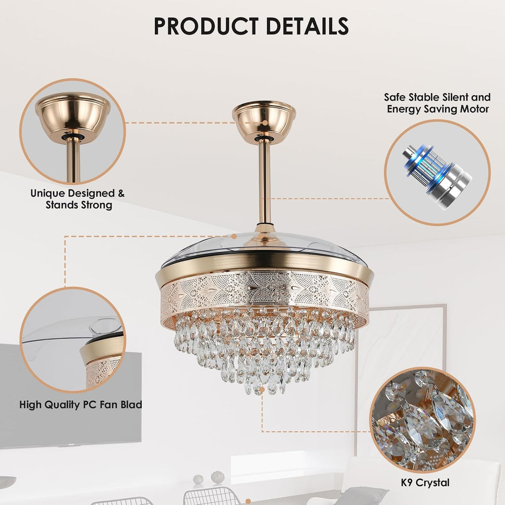 42' Gold Crystal Fandelier Ceiling Fan with Lights, Retractable Blades, Remote Dimmable LED, 3 CCT Color Temp, Memory, Reversible DC Motor, 6 Speed, Timer, Indoor Bedroom Living Room
