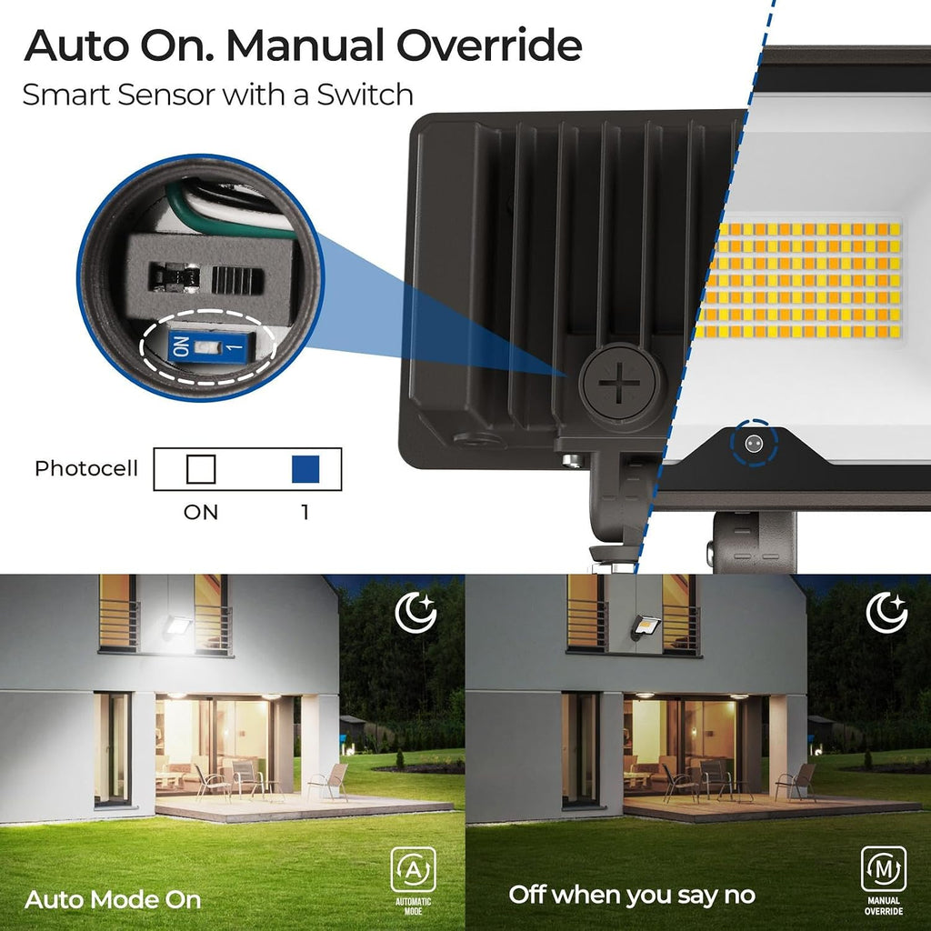 CINOTON 55W LED Flood Light 3CCT (3000K/4000K/5000K), 7700LM Dusk-to-Dawn Photocell Outdoor Security Lighting, 120V IP65 Aluminum Wall Pack for Porch/Barn, 180° Knuckle Mount, 2 Modes, ETL, 4 Pack