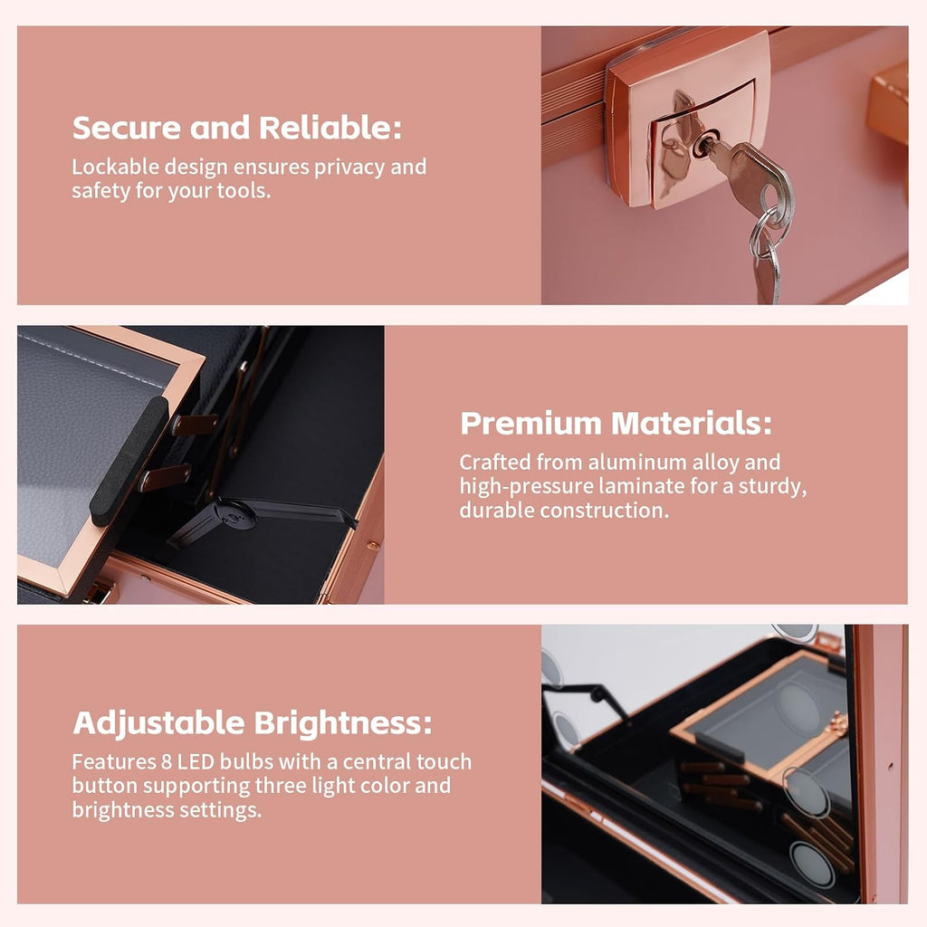 Make-Up Case, Cosmetic Train Table with 4 Rolling Wheels & Lights & Mirror, Pro Make-Up Station, Cover Panel and Easy-to-Clean Extendable Trays, Adjustable Legs, Robust (Rose Gold)