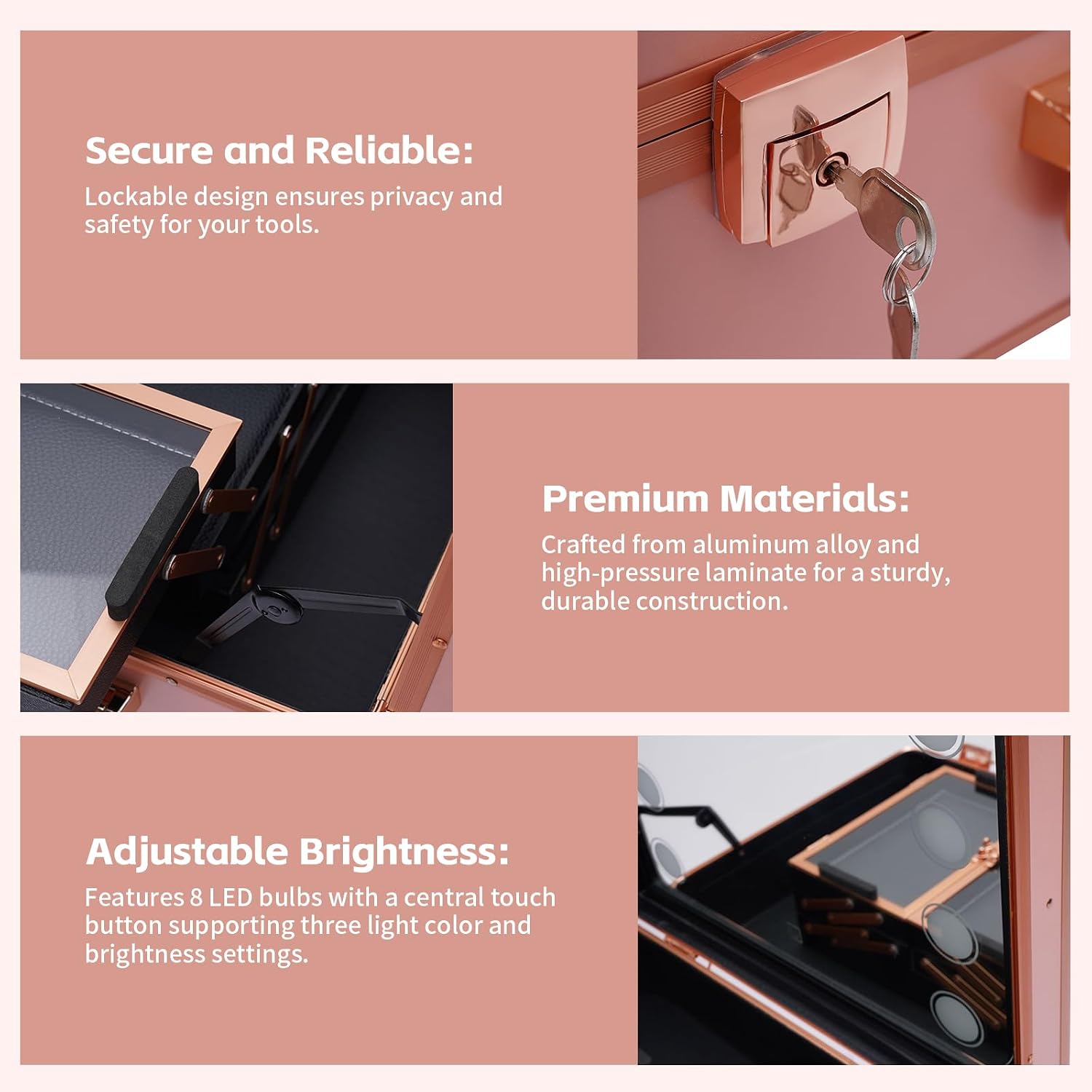 Make-Up Case, Cosmetic Train Table with 4 Rolling Wheels & Lights & Mirror, Pro Make-Up Station, Cover Panel and Easy-to-Clean Extendable Trays, Adjustable Legs, Robust (Rose Gold)
