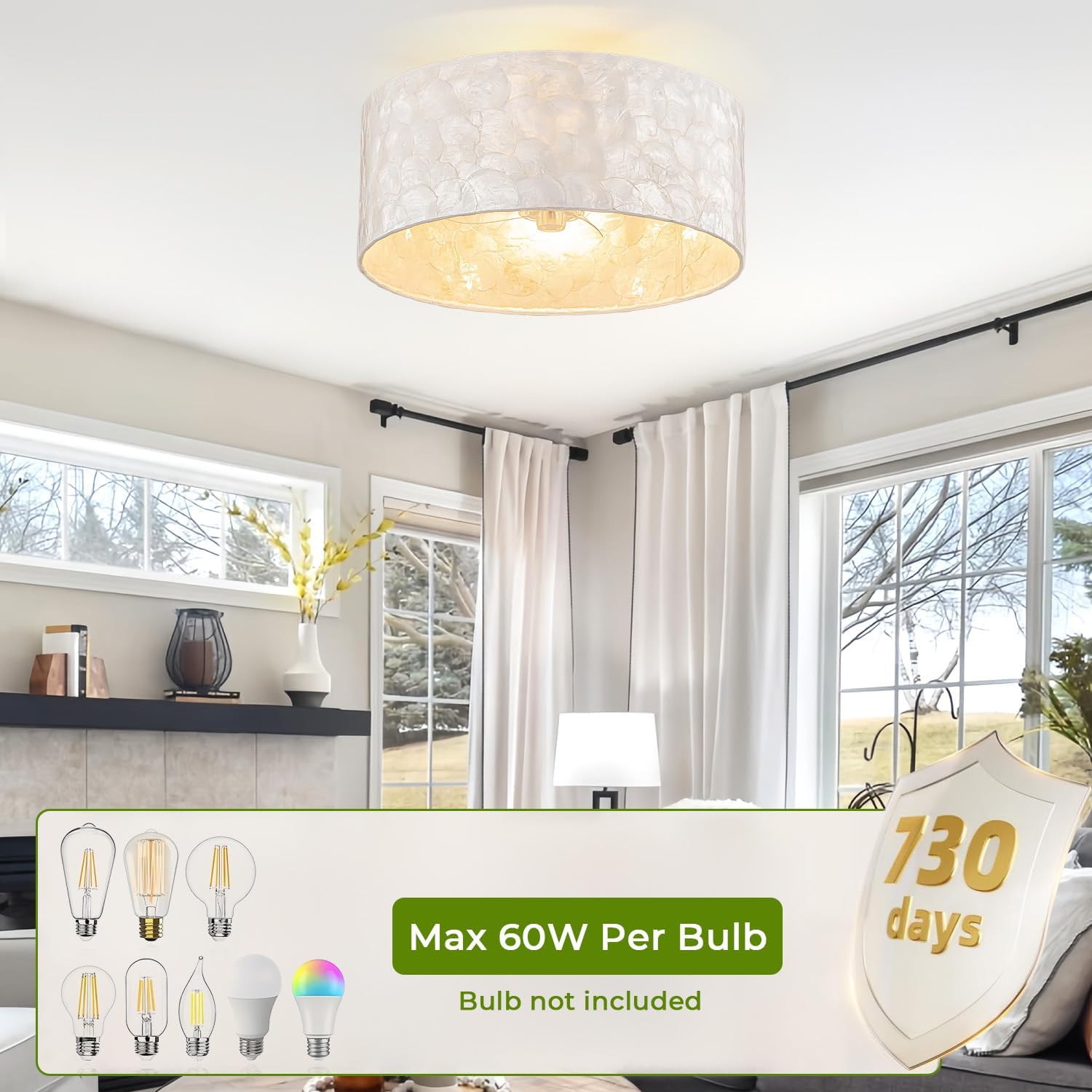 Boho Coastal Ceiling Fan with Lights and Remote, Enclosed Caged Design with Shell Lampshade — Fandelier for Bedroom, Nursery, Foyer, Kitchen (6 Speeds)
