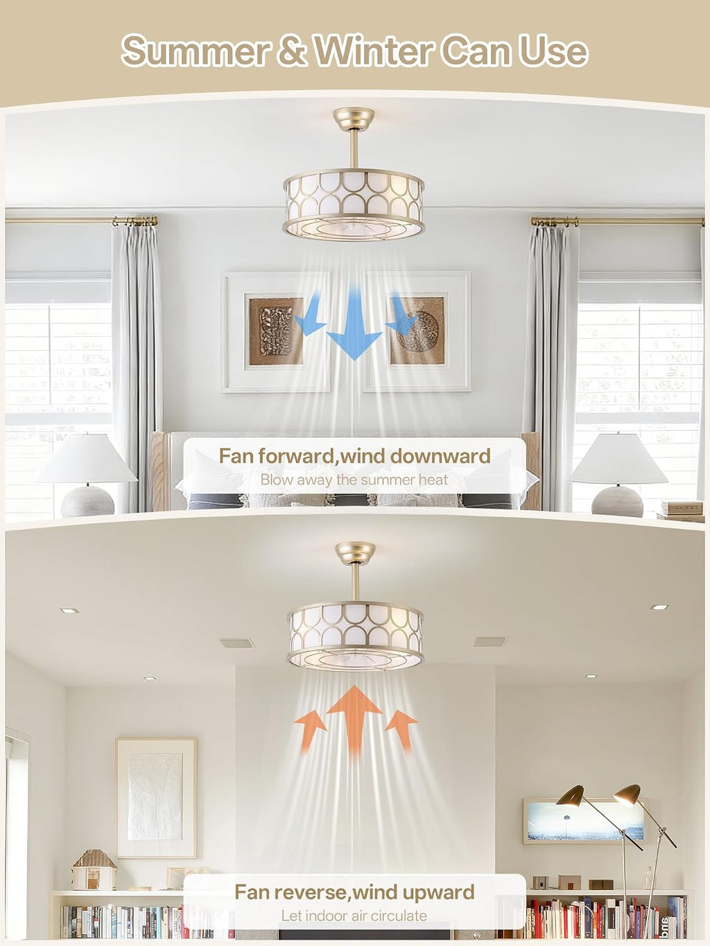 20' Gold Boho Fandelier Ceiling Fans with Lights, Caged Bladeless Ceiling Fan with Light Remote Control. Chandelier with 6 Speeds for Bedroom, Nursery, Living room.