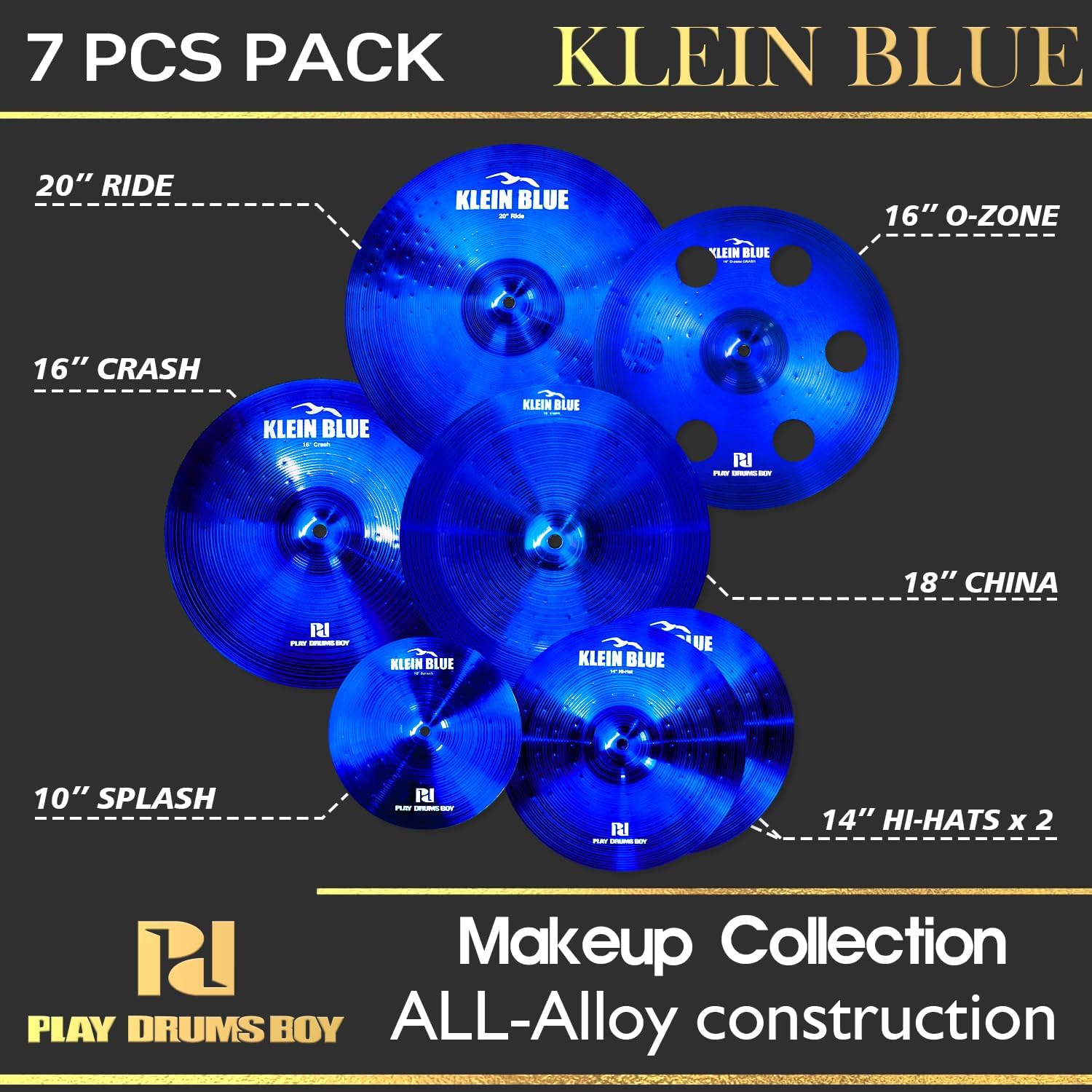 Titanium Color Cymbals Set – 7-Piece Drum Cymbal Pack for Acoustic Kits – Red/Blue/Black – Lightweight, Durable & Stage-Ready – Direct from Manufacturer (Blue)