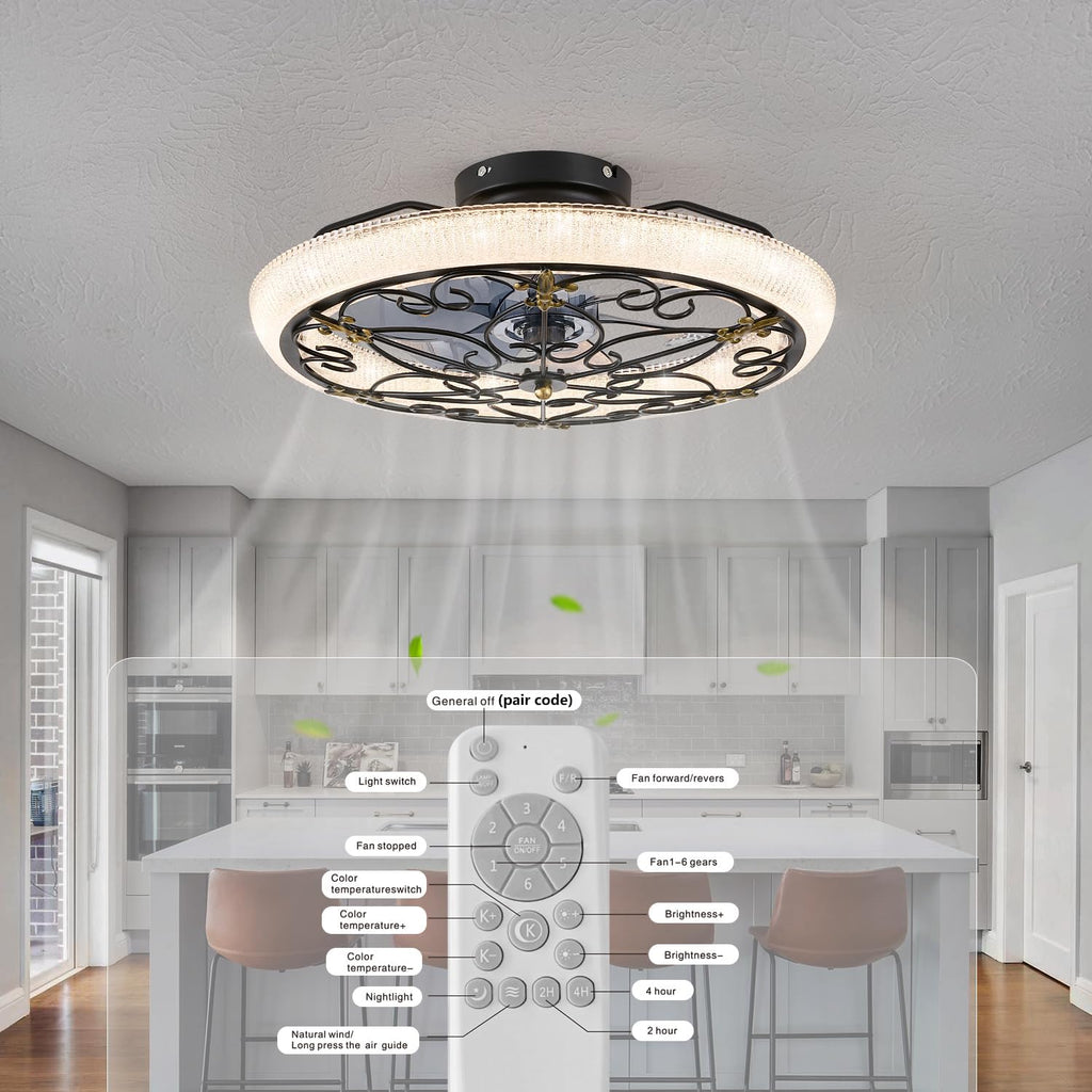 Black Caged Ceiling Fan with Lights Remote Control, 6 Speeds Rustic Industrial Ceiling Fan Light with Crystal Sand Lampshade for Kitchen Bedroom Living Room