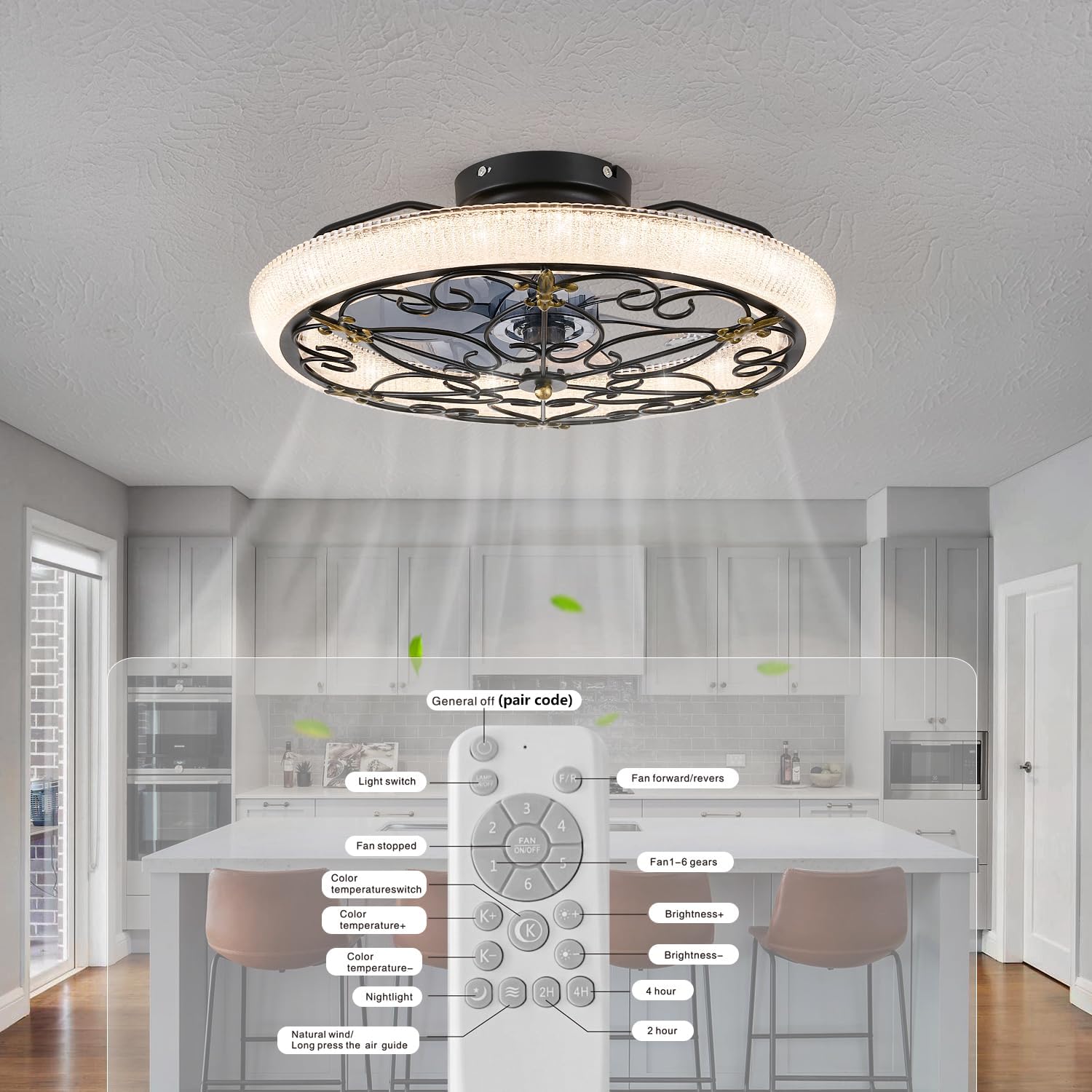 Black Caged Ceiling Fan with Lights Remote Control, 6 Speeds Rustic Industrial Ceiling Fan Light with Crystal Sand Lampshade for Kitchen Bedroom Living Room